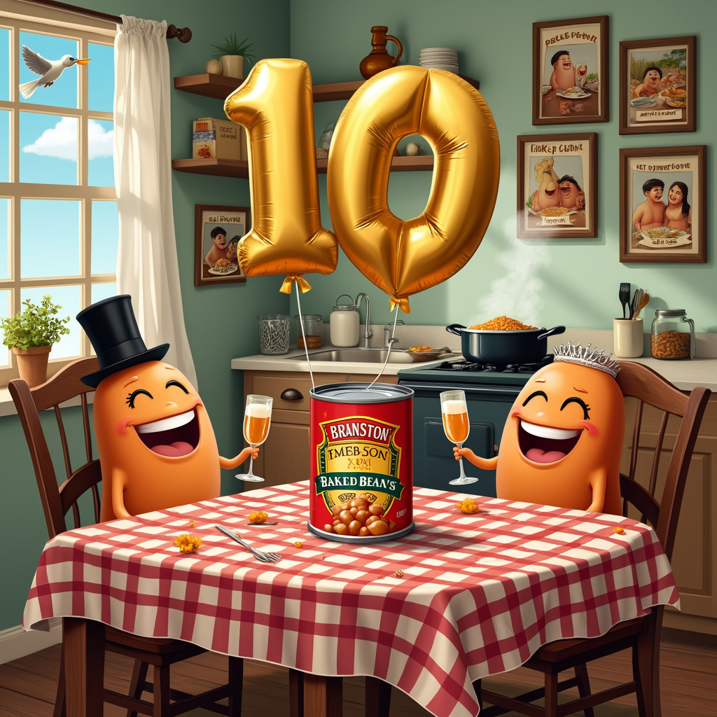 The front cover of the anniversary greeting card features a cozy, quirky kitchen scene that tells the story of a couple celebrating their 10-year anniversary. The heart of the image centers around a wooden dining table, slightly worn from years of use, adorned with a checkered tablecloth in warm red and white. In the middle of the table, a large golden balloon shaped like the number "10" floats proudly, its ribbon tied around a can of Branston Baked Beans. This can is no ordinary can; it is dressed up like a small tuxedo, complete with a black bow tie, making it the charming centerpiece of the scene.

Surrounding the table are two cartoonish, anthropomorphic beans with smiling faces, dressed in celebratory outfits—one in a tiny top hat and monocle, the other in a miniature tiara and pearl necklace. They are holding little forks and toasting with tiny bean-sized glasses of bubbly apple cider. 

Behind the table, the kitchen wall is adorned with framed photos, each depicting a humorous milestone from the couple's past decade together, with subtle hints of beans in each picture. For example, a photo of their first date shows them at a fancy restaurant with a bowl of baked beans between them, another photo of their new housewarming has a bean-themed welcome mat, and a vacation photo shows them sunbathing on a beach, their picnic blanket covered with a spread of bean-themed snacks.

The cabinets and counters in the kitchen are filled with whimsical details: jars labeled "Bean Flour," "Bean Spice," and a cookbook titled "101 Ways to Love Beans." The stove has a pot with steam wafting up, where a delicious bean stew is bubbling away, filling the scene with a sense of home-cooked comfort. 

The final touch includes a window over the sink showing a sunny, blue sky day with a bird flying by holding a banner in its beak that reads "Happy 10th Anniversary!" The attention to detail and the quirky, playful elements all tell the story of a couple who have shared their love for each other and for beans over a wonderful decade.
Generated with these themes: 10 years, and Branston baked beans.
Made with ❤️ by AI.