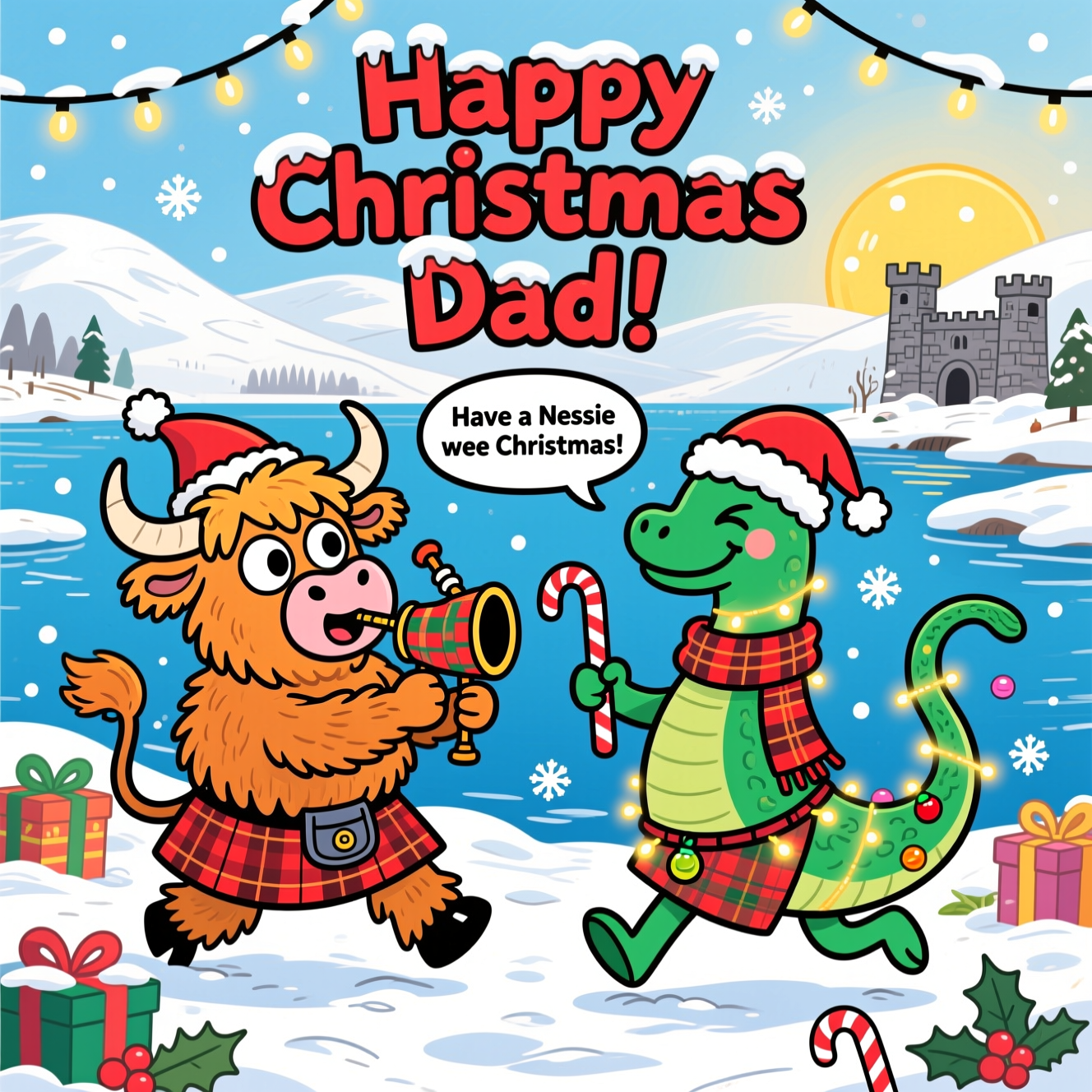 At the top of the Cartoon Style image, Happy Christmas Dad!

Funny, festive vertical cartoon scene set on the snowy Scottish Highlands by Loch Ness. Exaggerated, playful characters with thick black outlines and bright saturated colors. In the foreground, two fluffy ginger Highland cows with huge googly eyes and shaggy fringes wear bold red tartan kilts and tiny sporrans. One cow blasts oversized plaid bagpipes, cheeks puffed comically, while the other prances with a candy cane baton; both wear wonky Santa hats. Twinkling fairy lights tangle around their horns and swoop across the scene.

From the icy-blue loch, a cheeky, bright-green Nessie pops up in an energetic S-curve, winking, draped in glowing fairy lights and baubles. Nessie wears a Santa hat, a tartan scarf, and a comically strapped tartan kilt around one loop of her body. Snowflakes sparkle in the crisp air; rolling white hills and a distant stone castle sit under a golden winter sun. Gift boxes half-buried in snow, holly sprigs, and candy canes add extra festive pops of color. Lively motion lines and soft shading keep everything bouncy and fun.

Make the main text big and bold with a tartan pattern and snowy frosting, casting a soft drop shadow for readability.

Small extra text (one line): a speech bubble from Nessie saying: Have a Nessie wee Christmas!
Generated with these themes: Scotland, Nessie, Highland Cows, Kilt, and .
Made with ❤️ by AI.
