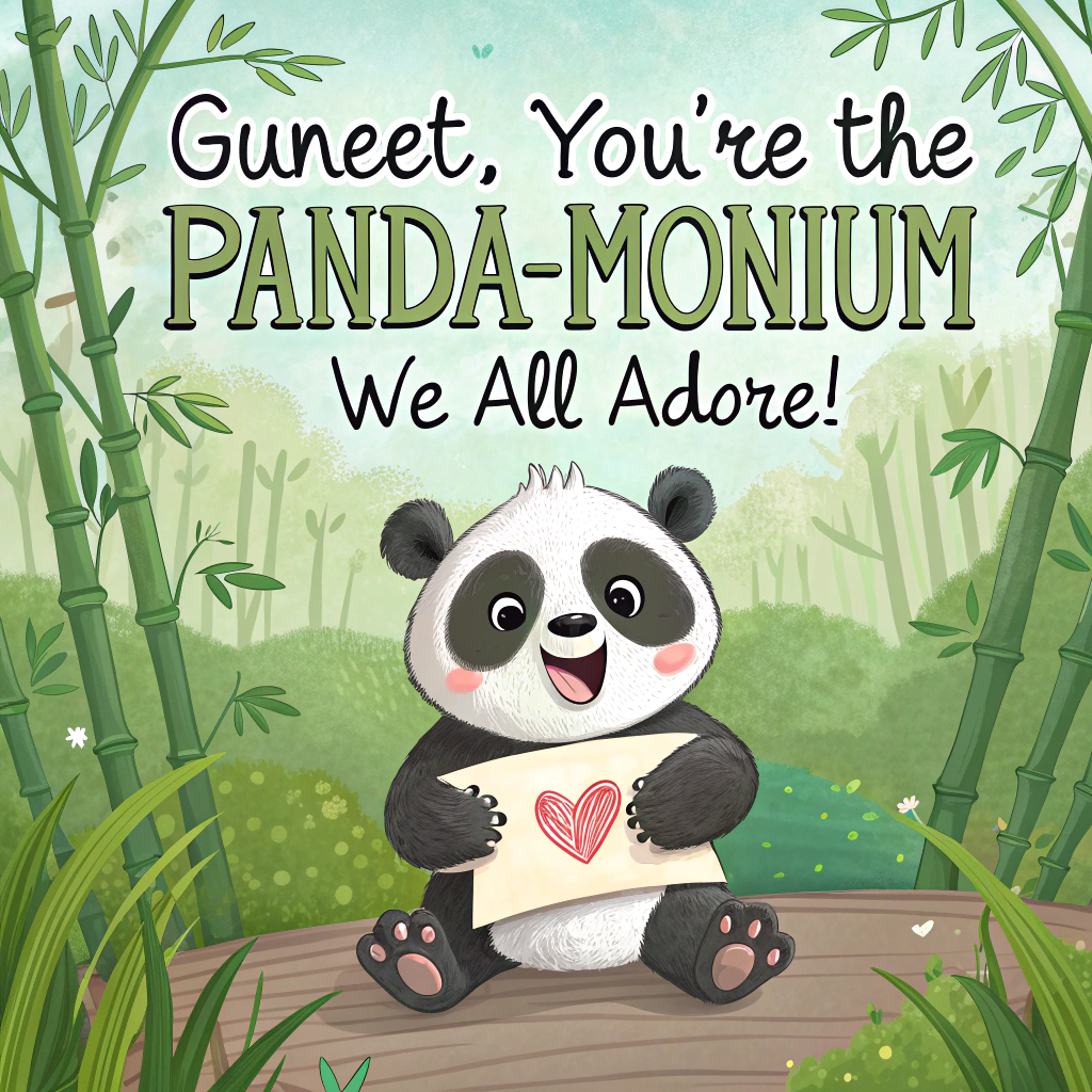At the top of the image, "Guneet, You're the 'Panda-monium' We All Adore!"

In the center of the image, illustrate an adorable panda sitting amidst a whimsical bamboo forest, holding a giant thank-you note, with a cheeky wink and a playful grin.
Generated with these themes: Pandas , and .
Made with ❤️ by AI.