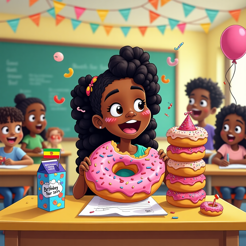**Image Prompt:**  

At the top of the cartoon image, *"Donut forget it’s your day, Loza!"*  

A vibrant, cartoon-style classroom scene. In the center, a brown-skinned girl with cute, swinging braids (Loza) sits at her colorful school desk, joyfully mid-bite into a giant strawberry-glazed donut. Sprinkles are flying in slow-mo around her, some hilariously stuck to her cheek. She’s got donut frosting on her nose and a look of complete birthday bliss.  

Beside her is a juice box labeled “100% Party Fuel” with a straw bent dramatically as if it's slurping itself. A little Ethiopian flag is proudly planted in her donut like a victory flag. In the background, other kids watch wide-eyed and jealous, with one cheeky kid sneakily trying to trade their plain sandwich for one of her backup donuts, stacked beside her in a donut tower wearing a tiny party hat.  

Streamers hang above with little donuts dangling like disco balls, and there’s a balloon tied to her backpack that reads “Loza’s Birthday Tour 2024.” The whole scene has an explosion of color, chaos, and comedic birthday vibes perfect for a kid’s party gone delightfully over-the-top.
Generated with these themes: Brown skin girl with braids eating a strawberry glazed donut with Ethiopian flag at school, Donuts, and Juice box.
Made with ❤️ by AI.