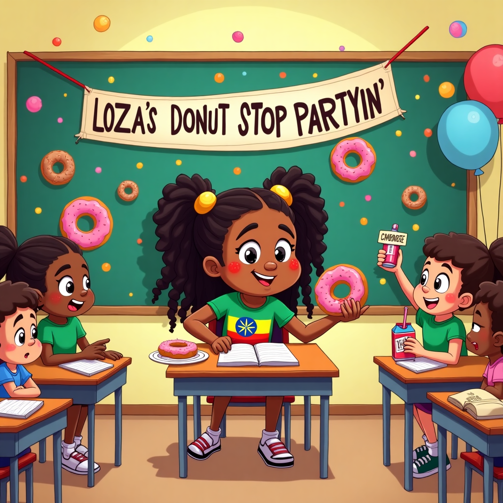 **Prompt for Image Generation (Cartoon Style, Funny Mood, Birthday-Themed):**

At the top of the cartoon image: *"Loza’s Donut Stop Partyin’!"*

Image Description: A bright and playful cartoon scene inside a colorful classroom. A brown-skinned girl with long, bouncy braids—clearly Loza—is seated at a small school desk, hilariously trying to hide a giant strawberry-glazed donut behind a suspiciously tiny notebook while sneakily taking a bite. Crumbs are everywhere. She’s rocking a T-shirt with the Ethiopian flag printed boldly on it.  

Behind her, a cheeky banner strung across the blackboard says, “Grade A Glaze!” One kid is gasping in fake horror while holding up a juice box like a protest sign. Another is trading test answers for donuts under the table. Donuts of all shapes are flying around like confetti. A tiny desk globe even has a donut orbiting it like Saturn’s rings.

Balloons shaped like juice boxes and donuts float near the ceiling, and one kid is trying to toast his juice box with Loza mid-bite. A sticker on her desk says: “Donut judge me, it’s my birthday!” 

Style: Vibrant, bold outlines, exaggerated cartoon expressions—silly, heartwarming, and dripping in glaze and giggles.
Generated with these themes: Brown skin girl with braids eating a strawberry glazed donut with Ethiopian flag at school, Donuts, and Juice box.
Made with ❤️ by AI.