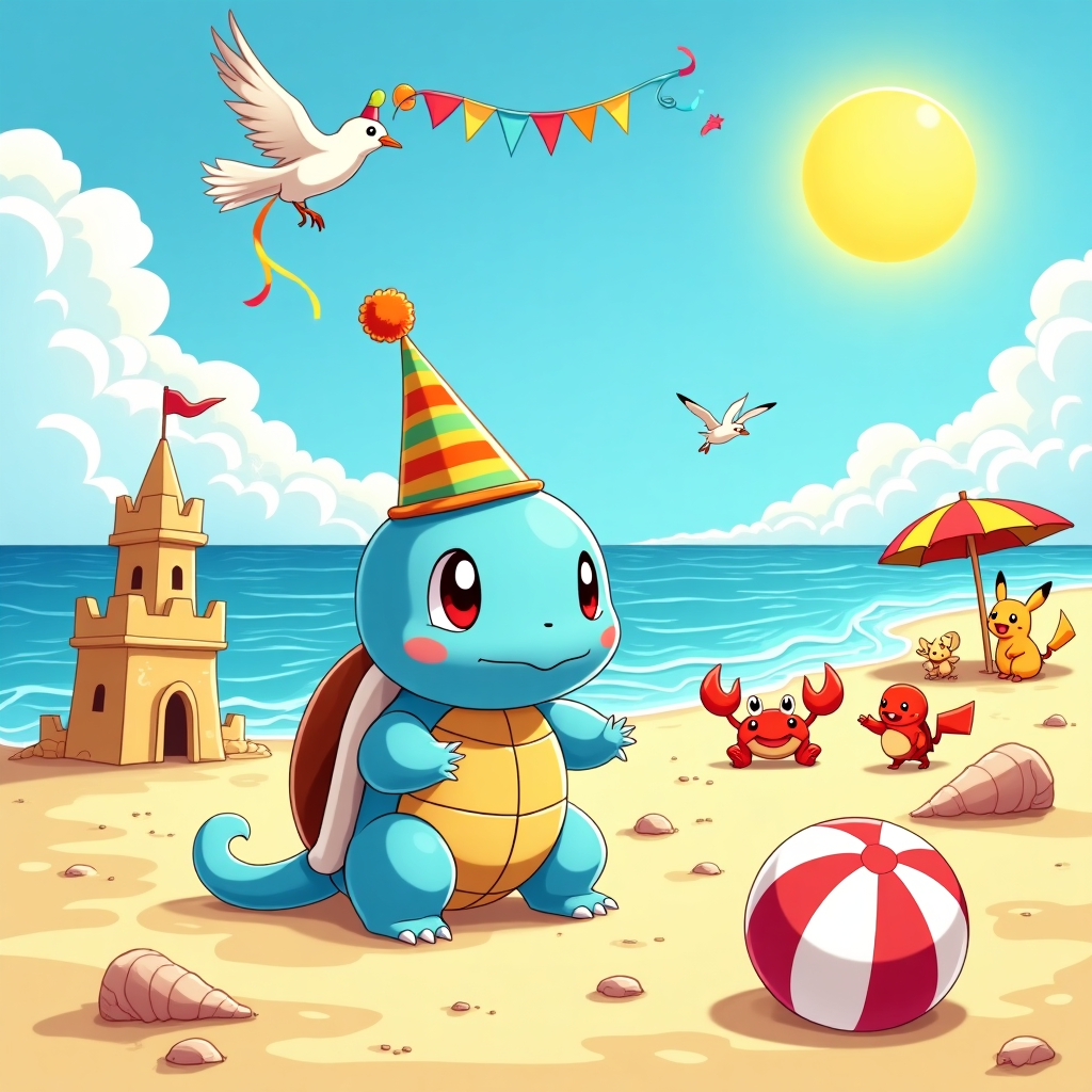 Squirtle, Beach , and Sea Birthday Card