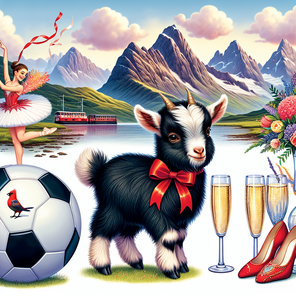 Create a vector image that portrays a delightful birthday atmosphere, featuring a cute black pygmy goat wearing a festive ribbon standing next to a soccer ball with a red bird logo. Near the center lies glasses of sparkling wine, all against a background showcasing majestic mountain range, likely located in Scotland due to its specific rustic beauty. Include dance motifs such as a ballerina's skirt and toe shoes to infuse a soft, cultural touch. Finalize the image with a vibrant illustration of a brightly colored bird, embodying the spirit of jubilant festivity.
Generated with these themes: Black pygmy goat, Liverpool FC, Prosecco, Scotland, Ballet, and Kingfisher.
Made with ❤️ by AI.