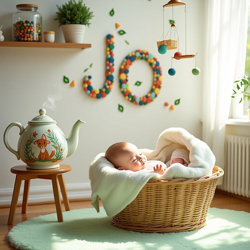 The scene unfolds in a sunlit nursery, where a cozy woven basket, resembling a baby bassinet, rests gently on a pastel-colored, fluffy rug. Inside the basket, a sweet, plump baby, wide-eyed with curiosity, is nestled comfortably among soft, mint-green blankets. Next to the basket, an intricately designed teapot sits on a small wooden table, with steam delicately rising from its spout, creating whimsical shapes in the air. The teapot is painted with charming images of woodland creatures enjoying a tea party amidst leaves and marbles. A large, clear glass jar filled with an array of colorful marbles is perched on a shelf above the basket, catching the sunlight and casting playful rainbow patterns on the walls. Above the shelf, a mobile made of tiny woven baskets and marbles dangles gently, swaying with the lightest breeze. In the background, the name "Jo" is whimsically spelled out with marbles of various hues, arranged in a flowing script across the wall. Each letter is surrounded by delicate painted tea leaves, giving the impression that the letters are emerging from a bountiful tea garden. The entire room is a celebration of new beginnings, nature's bounty, and the simple joys of life, all harmoniously woven together.
Generated with these themes: Herbal tea, Marbles, and Woven baskets.
Made with ❤️ by AI.