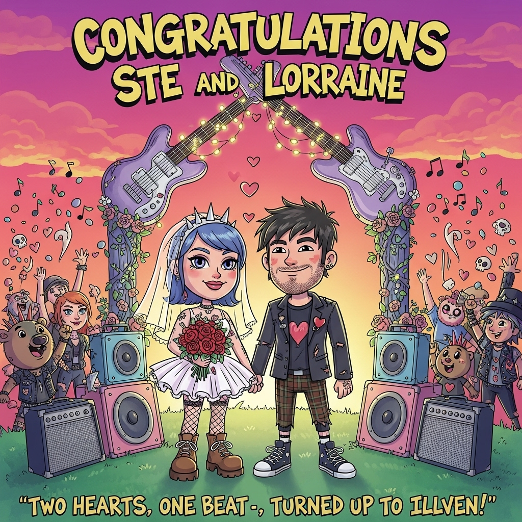 At the top of the Cartoon Style image, write in bold, playful graffiti lettering: **Congratulations Ste and Lorraine**  

Create a vibrant, romantic cartoon wedding scene infused with punk rock attitude: the bride and groom as adorable, exaggerated cartoon characters with bright hair — the bride in a short white dress with a tulle tutu, fishnet tights, chunky boots, and a bouquet made of red roses and guitar picks; the groom in a tailored suit jacket over a ripped band tee, tartan trousers, and Converse sneakers, with a little heart-shaped safety pin on his lapel.  

They stand under a whimsical archway made of entwined guitar necks, strings glistening like fairy lights, with pastel-coloured amps and speakers around them decorated with flowers and hearts. In the background, a crowd of joyful cartoon animals and friends dressed in punk wedding attire cheer and throw confetti shaped like tiny skulls and hearts. The sky is a glowing sunset of saturated pinks and oranges, with musical notes and little hearts floating through the air.  

At the bottom of the image, in fun hand-drawn lettering: **“Two hearts, one beat — turned up to eleven!”**  
Generated with these themes: Punk rock, and .
Made with ❤️ by AI.