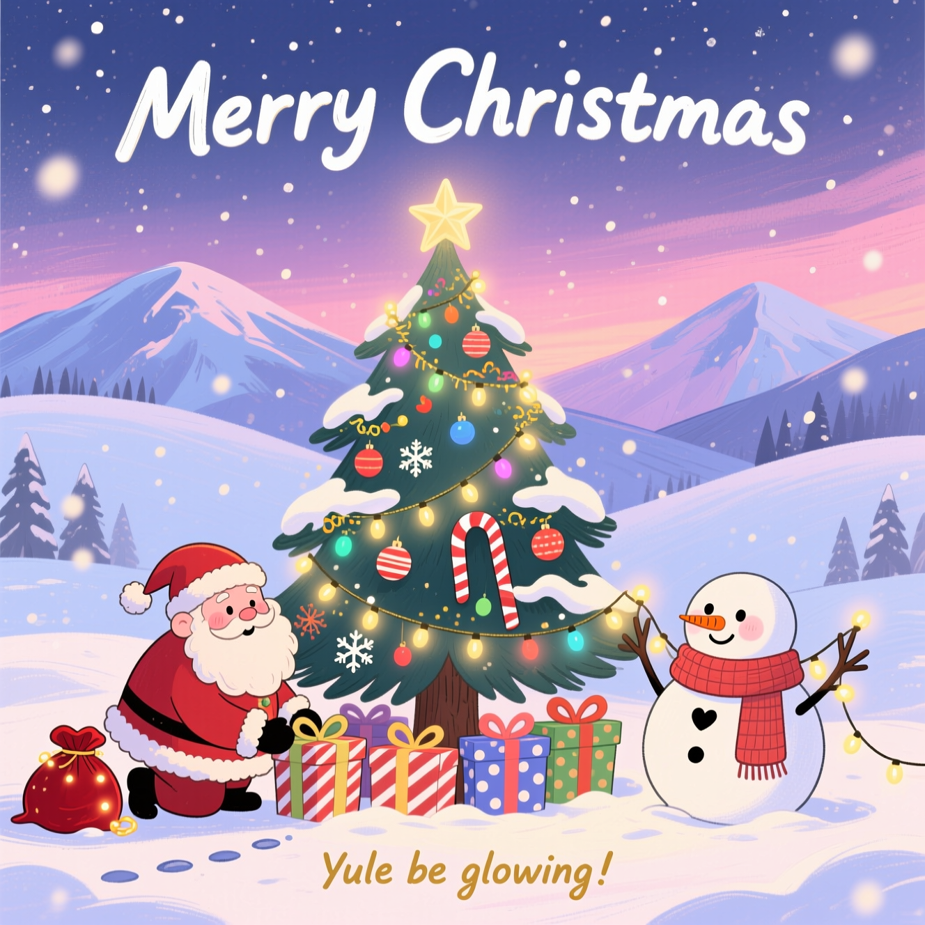 Christmas tree, snow man, Santa, gifts, Christmas lights, mountains , and Christmas Card