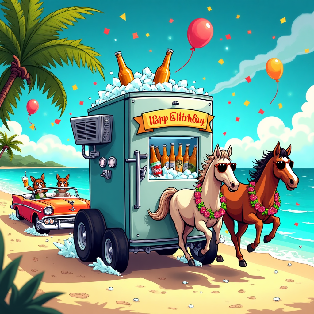 At the top of the Cartoon Style image, Happy Birthday Tim!

A bold, funny Cartoon Style scene on a sun-splashed Caribbean beach: a giant, smiling stainless-steel refrigerator on hot-rod wheels rolls along the sand like a parade float, door swung open to reveal frosty beer bottles nestled in a mountain of ice. An over-the-top HVAC rig is bolted to the back—chrome ducts curling like party streamers, pressure gauges with goofy faces, and a turbo vent blasting glittery snowflakes and confetti that swirl through the air. Bright saturated colors, thick black outlines, exaggerated proportions, and whimsical, energetic poses.

To the left, a candy-colored classic convertible car cruises beside the fridge; two goofy dogs in sunglasses and tropical shirts ride up front, ears and tongues flapping in the chilly breeze from comically oversized AC vents on the dashboard. To the right, two party-loving horses wearing flower leis and shades prance alongside, manes blown back by the cold air—one balancing a frosty beer on a hoof with a triumphant grin. Palm trees sway, turquoise water sparkles, and musical doodles hint at steel-drum rhythms. Confetti, balloons, and floating ice cubes arc through the sky, with bold highlights and chunky shadows for a glossy, celebratory finish.

Small playful text on a wavy banner across the fridge door: “Cold Beers & Hot Horsepower—Stay Frosty!”
Generated with these themes: Refrigeration, Hvac, Caribbean, Dogs, Horses, Beer, Cars, and .
Made with ❤️ by AI.