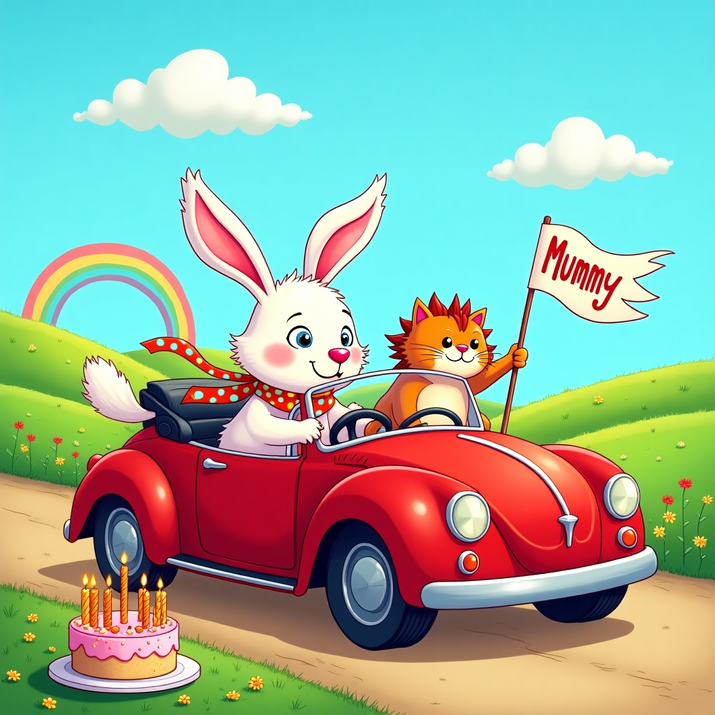 Front and center of the card is an open-top red convertible, drawn with a playful flair. The car features exaggerated small, cartoonish wings on either side, as if it could lift off at any moment. Its shiny bodywork glistens with bright highlights, and its wheels are oversized and slightly whimsical, echoing a playful fantasy theme.

In the driver's seat, a fluffy white lop-eared bunny with oversized, floppy ears and an exaggerated, tufted tail sits confidently. Its nose is a prominent pink button, and its eyes are large, expressive, and filled with a hint of mischief. The bunny is steering with one paw and wearing a colorful polka-dotted scarf fluttering in the wind.

Next to the bunny, in the passenger seat, a fluffy rag doll cat, complete with patchwork markings of cream and soft gray, lounges. Its big, expressive eyes are wide open, and it has a slightly comical smile. The cat's long tail hangs lazily over the side of the car door.

Perched on the car’s trunk is a ginger cat with exaggeratedly fluffy fur, resembling a small lion’s mane. The cat has large, comical whiskers and a cheeky grin. It waves a tiny flag that reads "Mummy" in bold, whimsical lettering, written in a playful, cartoon-style font.

The background features a vibrant blue sky with a few fluffy white clouds shaped like whimsical creatures, possibly hinting at a light breeze. Below, a cheerful landscape with rolling green hills, dotted with colorful wildflowers, stretches into the horizon. A small rainbow arcs over the scene, adding a splash of additional color.

In the foreground, near the base of the card, is a birthday cake, cartoonishly large, with multicolored sprinkles and oversized candles. The candles are animated with exaggerated, swirling flames, adding a touch of whimsy and fantasy.

Overall, the composition is bright, colorful, and bustling with cartoon energy, taking cues from the whimsical yet detailed style of artists like Charles Schulz, Bill Watterson, and Winsor McCay, where each element is playful and slightly exaggerated, inviting a joyful exploration of the birthday scene.
Generated with these themes: White fluffy lop eared bunny, Fluffy rag doll cat, Ginger cat, and Open top red car with small wings.
Made with ❤️ by AI.