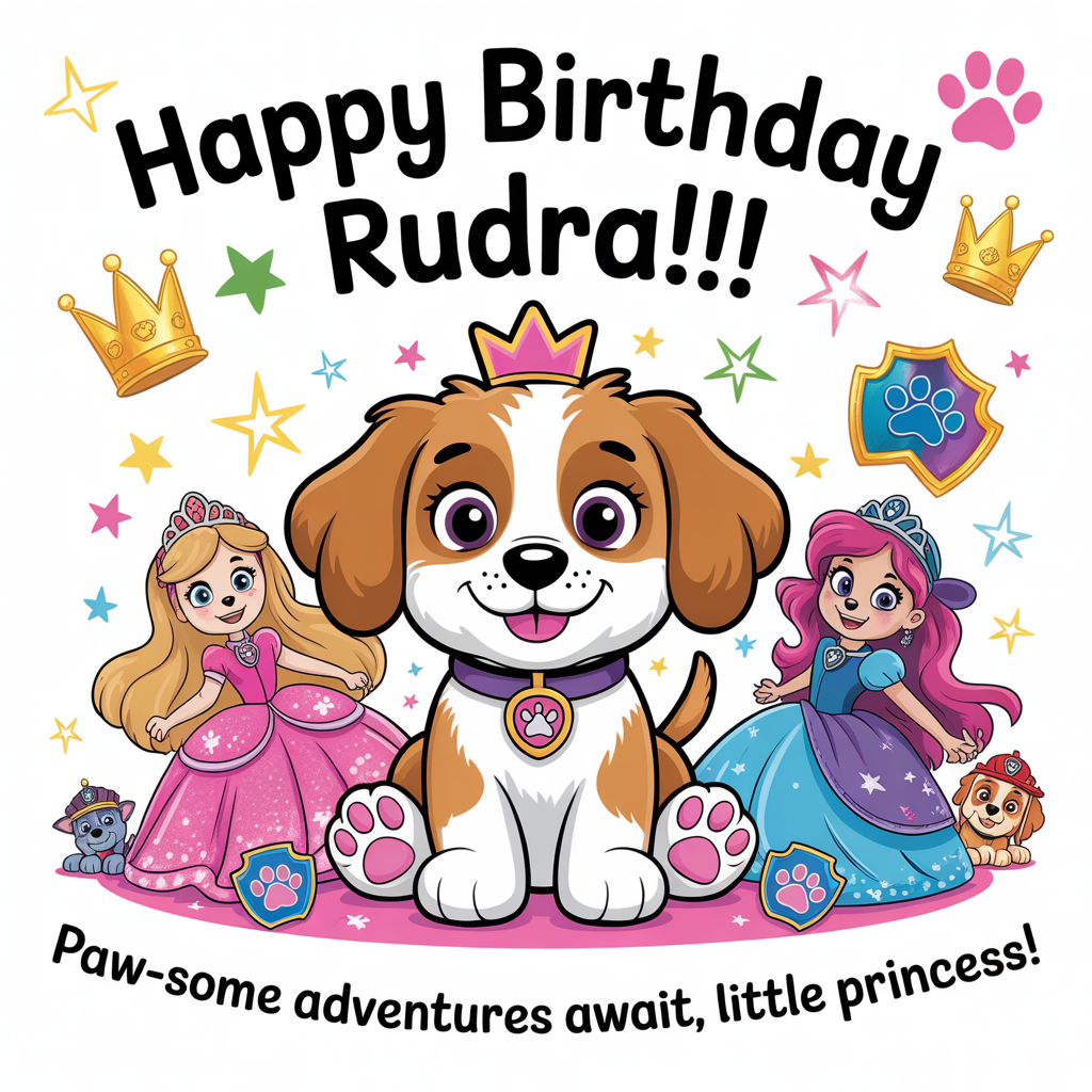 At the top of the image, "Happy Birthday Rudra!!!":

At the bottom of the image, "Paw-some Adventures Await, Little Princess!"

- In the center, create a whimsical illustration of an adorable puppy with a tiny crown, sitting amongst playful, fairy-tale inspired princess characters. Include elements like sparkly tiaras, playful puppy paws, and rainbow-colored paw patrol badges scattered around. The scene should be filled with vibrant colors and magical charm, capturing the spirit of a joyful birthday celebration.
Generated with these themes: Puppies , princess characters, paw patrol, and .
Made with ❤️ by AI.