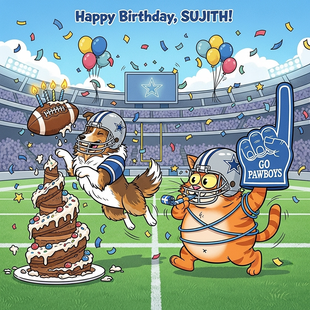 At the top of the Cartoon Style image, Happy Birthday, SUJITH!

Playful, exaggerated cartoon scene on a bright, sunny football field in Dallas Cowboys blue and silver. A fluffy Shetland Sheepdog (Sheltie) with a star-emblazoned helmet and eye-black leaps heroically for a spiraling football-shaped birthday cake, frosting flying. A plump orange tabby cat with huge mischievous eyes, tiny blue-silver helmet with a big star, and an oversized blue foam finger tries to “referee” with a party blower whistle, accidentally tangling itself in streamer-lassos. The stadium behind them glows with a giant five-pointed star on the jumbotron, star-shaped balloons, and blue-silver confetti bursting everywhere. Thick black outlines, bright saturated colors, whimsical, energetic poses, bouncy motion lines, and shiny green turf. Small added text: printed on the foam finger in chunky playful lettering, “GO PAWBOYS!” No other text.
Generated with these themes: Dallas Cowboys, Orange cat, Shetland dog, and .
Made with ❤️ by AI.