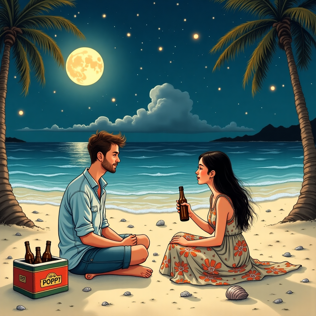 Young english male with brown beard and asian female sitting on beach at night drinking beer, and Female is asking question Valentines-day Card