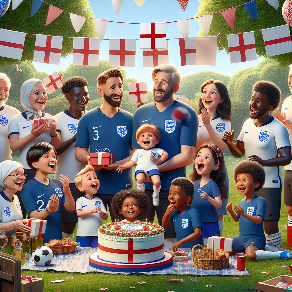 Create a delightful, merry image for a birthday celebration set in a charming park resembling typical English greenery. Focus on a motley group of families and friends of varying ages and descents - such as Caucasian, Hispanic, Black, Middle-Eastern, South Asian - all donning recognizable England football jerseys. They are enthusiastically exchanging presents under a banner festooned with soccer balls, ribbons, and airy balloons. Young children of different genders and descents are playfully cavorting with a soccer ball, pretending to be their favourite football players. The picture is made whole with a picnic scene displaying a beauteously decorated cake crowned with a flag of England.
Generated with these themes: England football, Soccer, and Families.
Made with ❤️ by AI.
