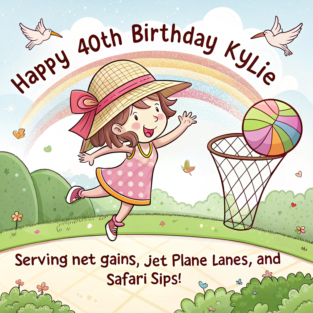 At the top of the Cartoon Style image, "Happy 40th Birthday Kylie"

At the bottom of the image, add "Serving net gains, jet-plane lanes, and safari sips!"

Create a cute, high-energy cartoon scene:
- Center stage, a playful heroine in a bright netball dress and safari hat leaps mid-air to shoot a globe-patterned netball into a giant cocktail-glass hoop (sugar-rimmed with a tiny umbrella and lime wedge). Exaggerated proportions, big smile, rosy cheeks, thick outlines, and dynamic motion lines.
- The hoop is mounted on a bouncy safari jeep, where a giraffe in a party hat peers over the windshield, a zebra cheers with pom-poms, and an elephant balances a tray of colorful cocktails with fruit garnishes. A cheeky monkey waves a passport and holds a tiny netball.
- Travelling vibes swirl through the sky: a cute airplane traces a dotted, heart-shaped flight path, a hot-air balloon drifts by, and a stack of suitcases with fun travel stickers sits near the jeep. Golden savannah grasses and acacia trees frame the background.
- Confetti shaped like tiny netballs, cocktail umbrellas, and paw prints floats everywhere. Bright saturated palette: coral, aqua, lime, mango, and sunshine yellow with soft shading and bold, thick outlines.
- Ensure the top headline is big and bubbly and the bottom punchline sits on a playful ribbon or speech-bubble stripe, both clean and legible against the cheerful background.
Generated with these themes: Netball, cocktails, travelling, safari , and .
Made with ❤️ by AI.