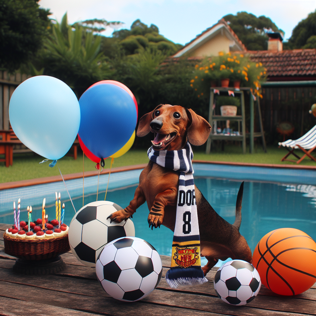 Illustrate an endearing outdoor birthday scenario where a jubilant dachshund, decked out with a soccer-themed scarf, is playfully interacting with balloons that take the form of basketballs and soccer balls. The tranquil surroundings include a pool that echoes the day's joy, further enhancing the sporty yet captivating birthday atmosphere.
Generated with these themes: Football , Liverpool, Sausage dog , Swimming , Basketball, and Outdoors.
Made with ❤️ by AI.