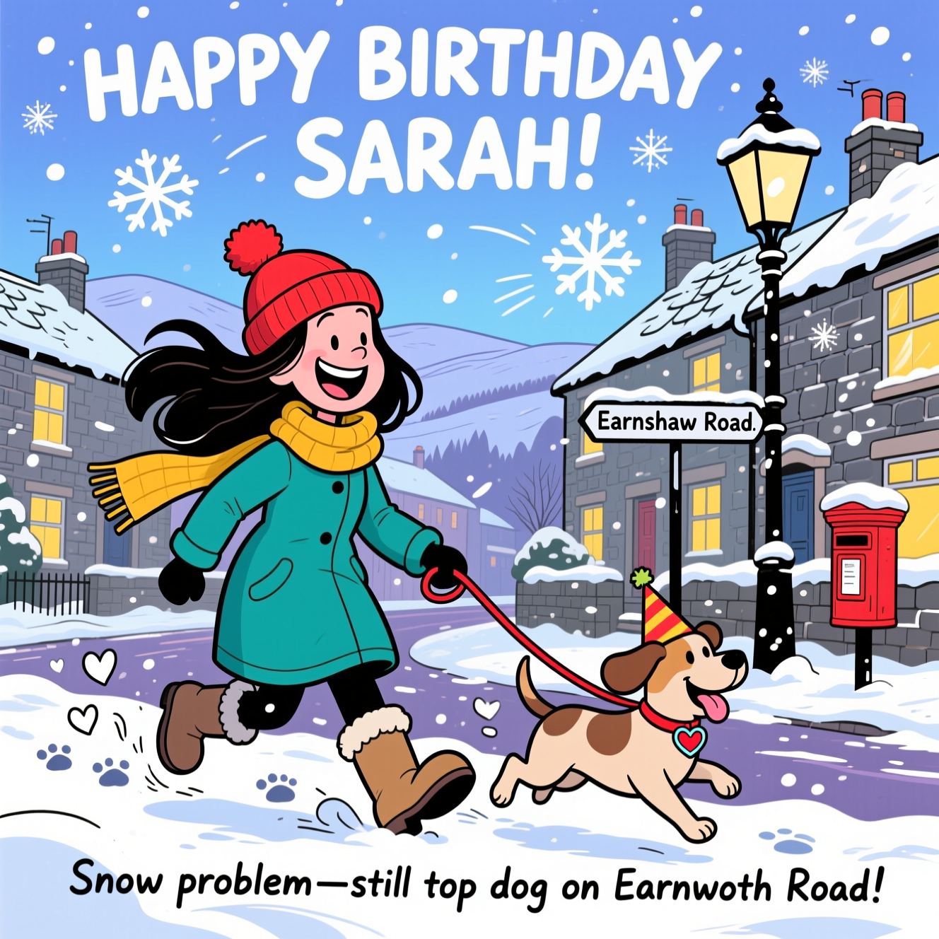 At the top of the Cartoon Style image, "HAPPY BIRTHDAY SARAH"

At the bottom of the image, "Snow problem—still top dog on Earnshaw Road!"

- Playful, funny cartoon scene with exaggerated proportions, thick black outlines, and bright, saturated colors.
- Central focus: a dark-haired woman with a huge grin, long dark hair peeking from a red bobble hat, wearing a teal winter coat and a mustard scarf whipping in the wind. Oversized boots stomp through fluffy snow.
- She’s being cheerfully tugged along by her beloved dog on a red lead. The dog bounds ahead with a tiny party hat, heart-shaped collar tag, tongue out, tail wagging like an exclamation mark. Pawprints in the snow subtly form little hearts.
- Setting: Bacup, UK, in fresh snowfall. A classic row of stone terraced houses with snow-capped slate roofs and chimney pots; warm yellow window glows. Include a street sign that reads “Earnshaw Road.” Add a black iron lamppost dusted with snow and a red postbox for a cozy British touch. Distant moorland hills fade into a frosty blue sky.
- Snowflakes are big, sparkly, star-burst shapes with swooshy motion lines around their steps for energetic movement.
- Color palette: frosty blues and violets for snow and sky, pops of teal, mustard, and cherry red for clothing and accents; warm window glow.
- Composition: medium-wide, slightly low angle. Clear sky space for the headline at the top and clean snow at the bottom for the punchline.
- Text styling: top headline in chunky, fun bubble letters with a bold outline and subtle drop shadow; bottom punchline in a playful hand-lettered script, high-contrast for easy readability.
Generated with these themes: .
Made with ❤️ by AI.