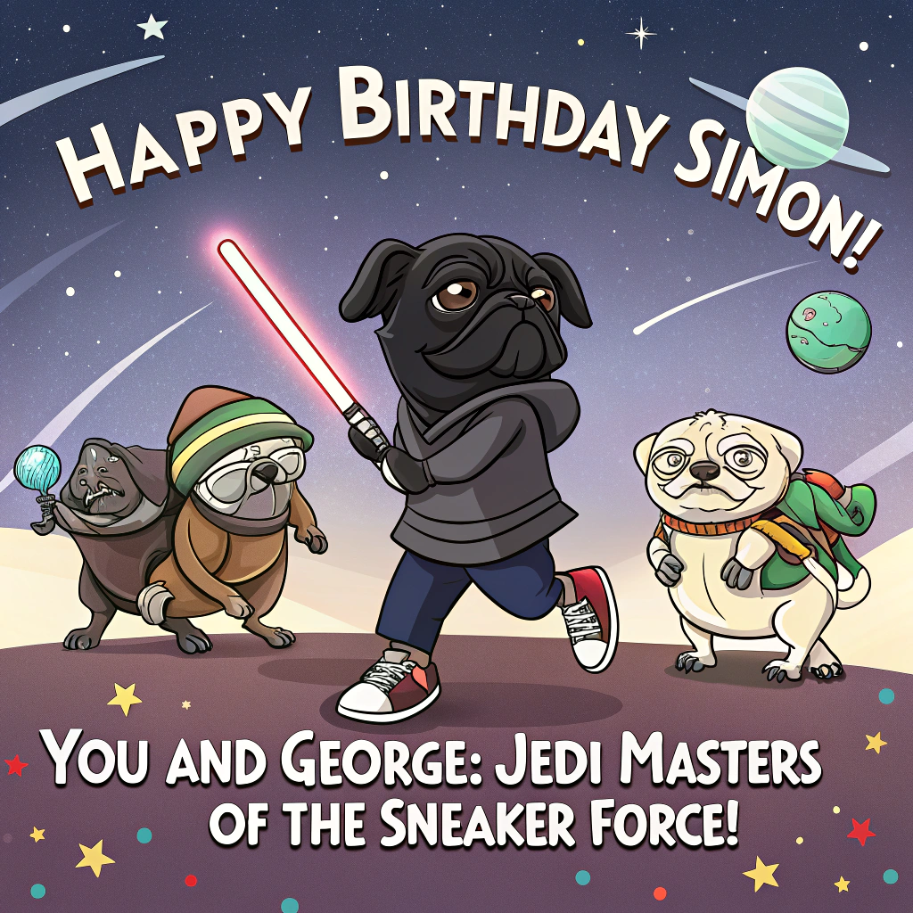 Adidas sneakers, Black pug called George, His mates from the 2005 Lions tour, Star Wars collectible toys, and Birthday Card