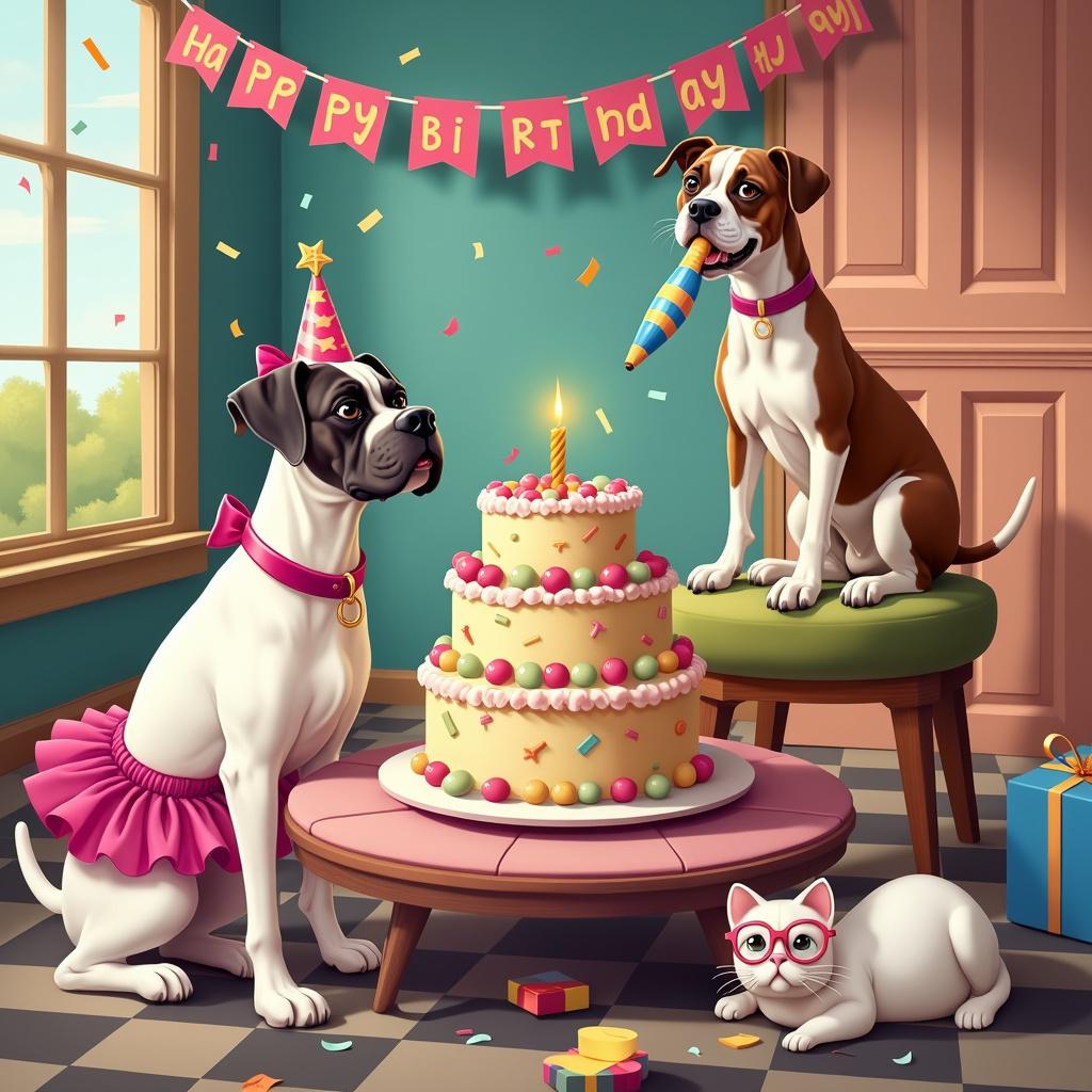 1 All White Boxer dog, 1 Brown Boxer dog, 1 brown and white English bulldog, and All White cat Birthday Card