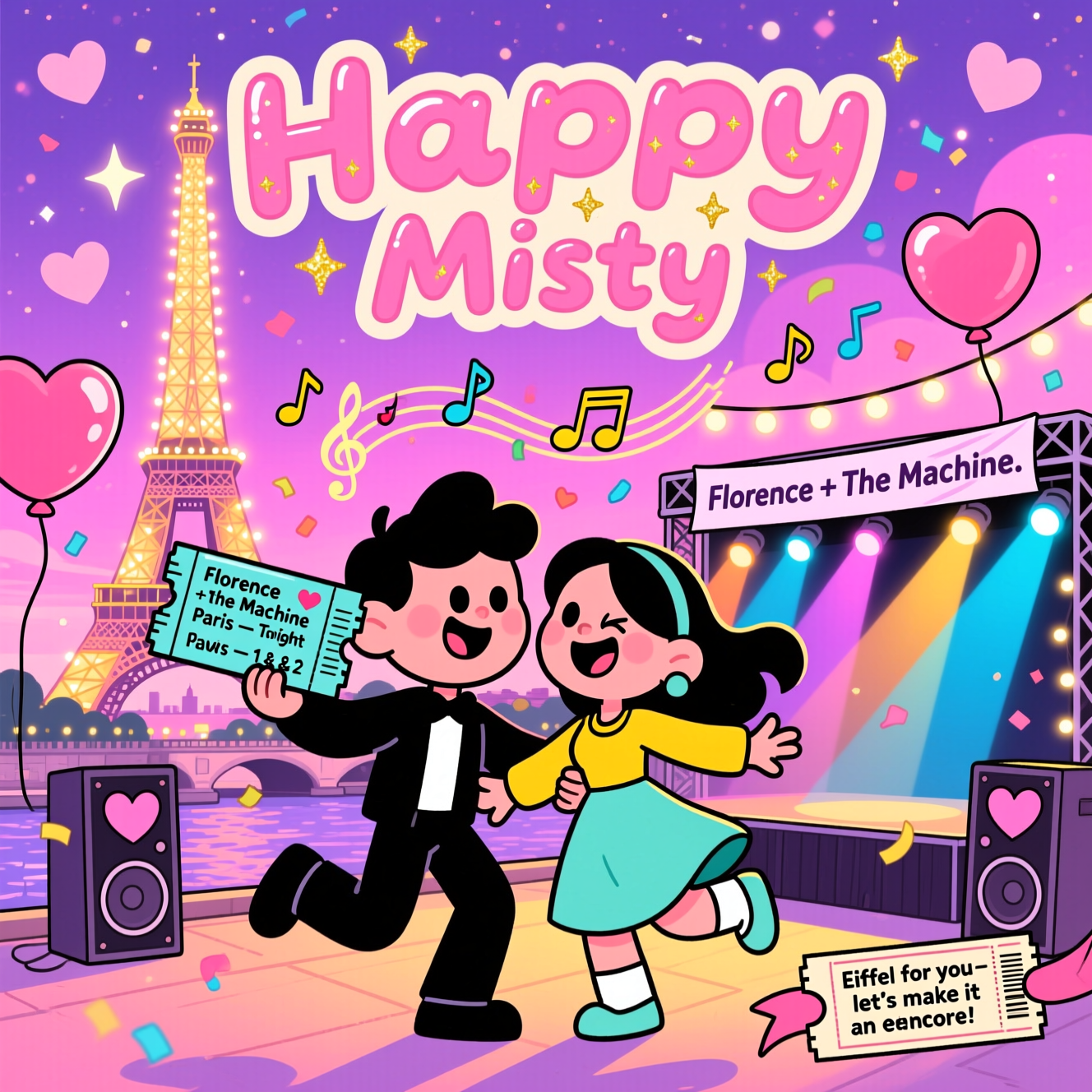 At the top of the Cartoon Style image, "Happy Birthday Misty"

Bubbly blush-pink lettering with a soft cream outline and tiny gold sparkles. A romantic, playful cartoon night in Paris: the Eiffel Tower glows with twinkling lights under a dreamy lilac-pink sky, stars and heart-shaped bokeh drifting. In the foreground, an adorable cartoon couple with exaggerated proportions and thick black outlines twirl in an energetic pose, bright saturated colors and big gleeful eyes. One offers two oversized, glossy music tickets while the other reaches in with a delighted smile; the tickets read “Florence + The Machine — Paris — Tonight” with little heart and music-note doodles, Row LUV, Seats 1 & 2. Swirling musical notes and confetti arc from the tickets toward a cheerful open-air stage by the Seine in the mid-ground, colorful spotlights sweeping the sky, speakers with heart decals, and a simple banner that says “Florence + The Machine.” Heart-shaped balloons, string lights, and soft glows wrap the couple, creating a warm, romantic mood. Candy-bright palette (peony pinks, electric blues, lemon yellow, mint, lavender), bold cel shading, subtle halftone textures, and a gentle vignette to keep focus on the couple and the tower.

Small caption near the bottom on a ribbon/ticket stub: “Eiffel for you—let’s make it an encore!”
Generated with these themes: Paris Eiffel tower, Florence and the machine concert, Music tickets, and .
Made with ❤️ by AI.