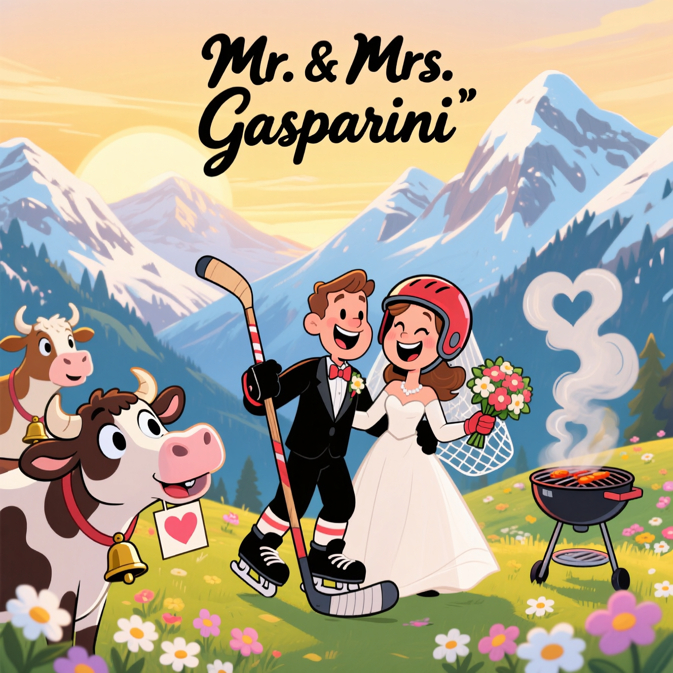 Mountains, Austria, cows, hockey, BBQ, and Wedding Card