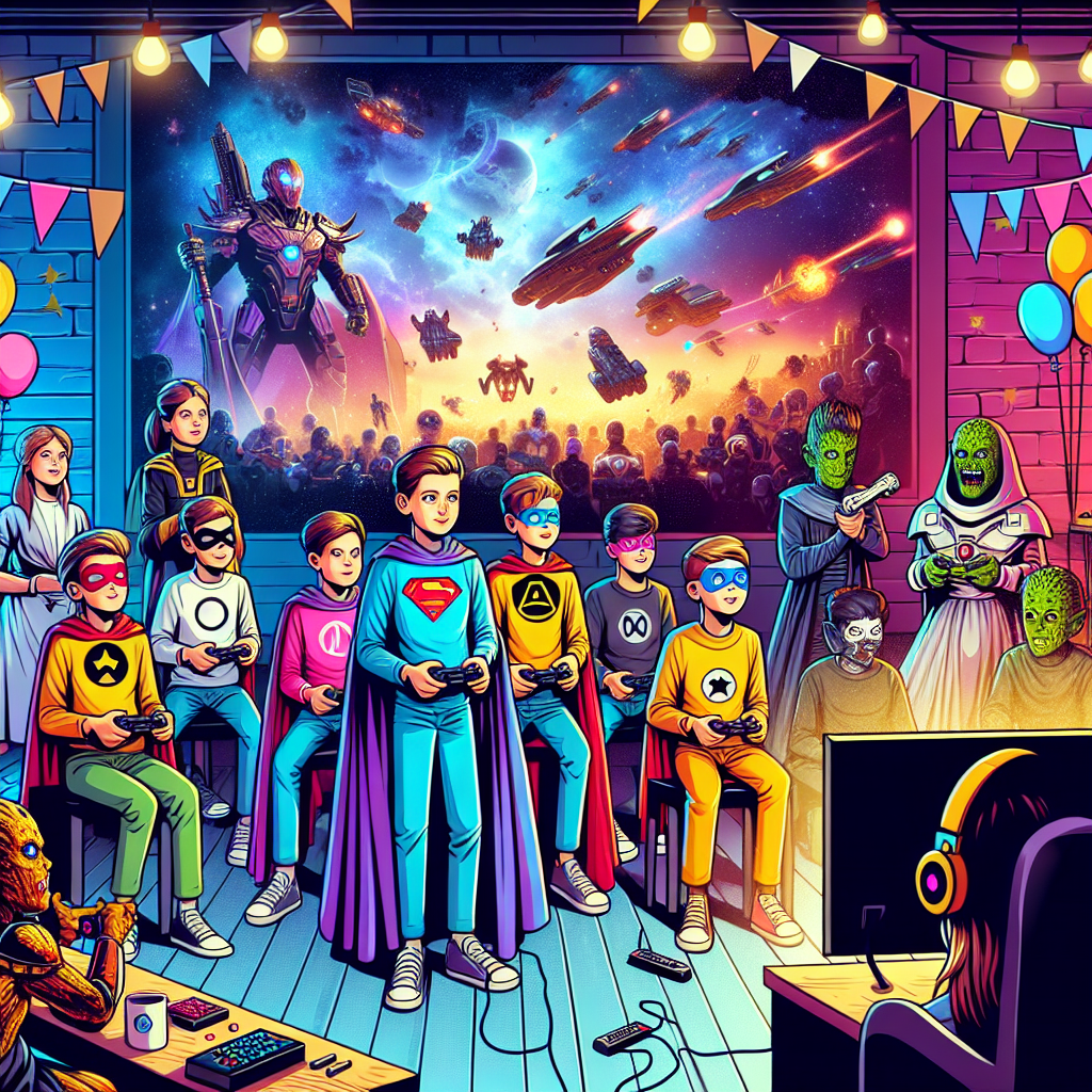 Illustration of a superhero-themed birthday party, where guests dressed as Marvel characters are engaged in a gaming tournament. In the background, a large screen showcases a Star Wars movie.
Generated with these interests: Superheroes with a overnigght party and cinema, Gaming, StarWars, Marve Heroes, and Frriends.
Made with ❤️ by AI.
