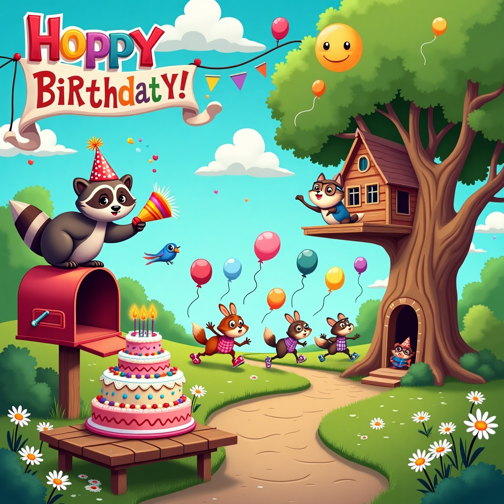 The birthday card cover features a bustling, whimsical scene set in a charming and slightly chaotic cartoon village. In the foreground, a mischievous raccoon wearing a tiny birthday hat stands atop a large, colorful birthday cake perched precariously on a picnic table. The cake is comically large, with several tiers adorned with vibrant frosting swirls and a rainbow of lit candles. Nearby, a tiny, anthropomorphic snail with glasses and a bow tie struggles to hoist an oversized party horn, its cheeks puffed comically as it prepares to blow.

To the left, a vintage red mailbox bursts open with confetti and streamers, as a flock of cartoonish bluebirds flies out, each carrying a rolled-up birthday invitation in their beaks. In the background, a train of quirky woodland creatures, including a rabbit wearing roller skates and a fox in a polka-dotted vest, parade through a path lined with blooming daisies and dandelions. Above them, a whimsical banner strung between two tall trees reads, "Hoppy Birthday!" with colorful letters painted in the style of a playful children's storybook.

On the right, a treehouse built into a large, gnarled oak tree serves as a lively venue for the birthday festivities. From the treehouse's open windows, balloons of every shape and color float out into the sky, with streamers dangling like tails. A little squirrel DJ, complete with headphones and a turntable, rocks out on a makeshift stage on one of the branches. Below, a group of young frogs wearing party hats dance in rhythm with the DJ, their webbed feet creating ripples in a tiny pond.

Overhead, fluffy, cartoon clouds dot a sky so blue it almost glows, and a friendly sun with a smiling face peeks from behind one of the clouds, wearing oversized sunglasses. This vibrant and detailed scene is full of playful chaos, encapsulating the spirit of fun and celebration, inviting the recipient into a birthday adventure unlike any other.
Generated with these themes: check.
Made with ❤️ by AI.