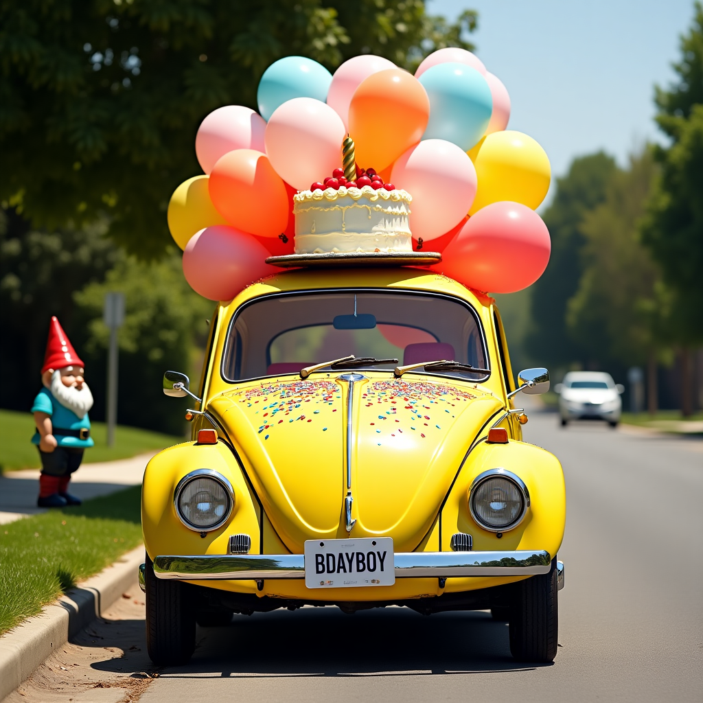 At the top of the realistic photograph image, "Nicklas, you’re wheelie old now — Happy Birthday!"

**Prompt for image generation:**

A high-resolution realistic photograph of a bright yellow classic VW Beetle parked on a suburban street, comically overloaded with an absurd amount of birthday balloons bursting out of every window and the sunroof. A birthday cake is precariously balanced on the roof of the Beetle, slightly melting in the sun. There’s confetti all over the hood, and the license plate reads “BDAYBOY”. In the background, a lawn gnome is watching suspiciously from a neighbor’s garden. The overall lighting is sunny and vibrant, capturing the whimsical and humorous tone.
Generated with these themes: Yellow vw beetle.
Made with ❤️ by AI.