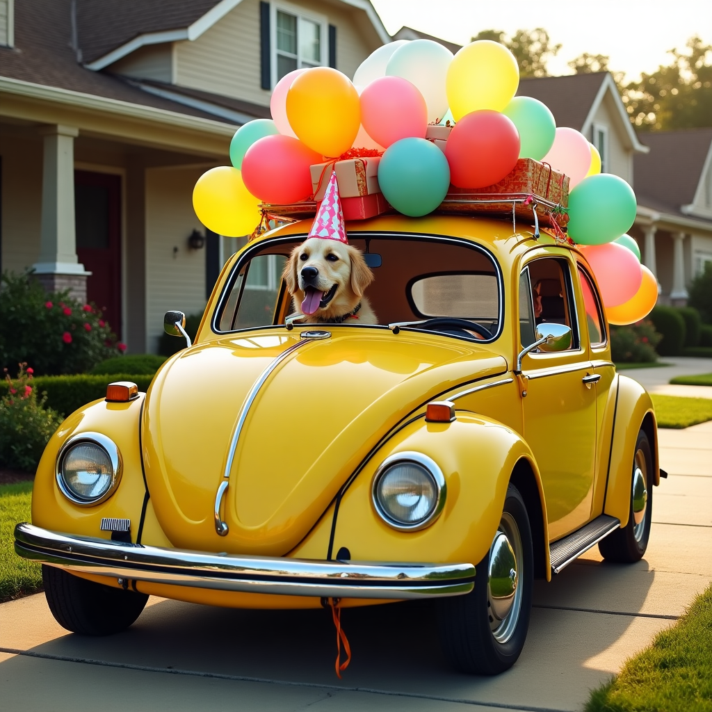 **Prompt:**  
At the top of the realistic photograph image, “Nicklas, you’re beetle-y one year older!”  

A bright, sunshine-yellow vintage VW Beetle is parked slightly crooked on a suburban driveway, comically overloaded with colorful birthday balloons tied to every possible part — mirrors, bumper, even the antenna. The driver's seat window is down, and a very confused golden retriever in a party hat is sitting behind the wheel, tongue out and looking thrilled. The backseat is overflowing with gift-wrapped presents and one rogue cake box squashed against the window, frosting smooshed. Streamers trail from the open trunk like it's just barely hanging on after a wild party getaway. In the background, neighbors peek through their curtains in amused bewilderment. The scene is well-lit with golden-hour sunlight, adding warmth and a feeling of celebration gone hilariously off-track.
Generated with these themes: Yellow vw beetle.
Made with ❤️ by AI.