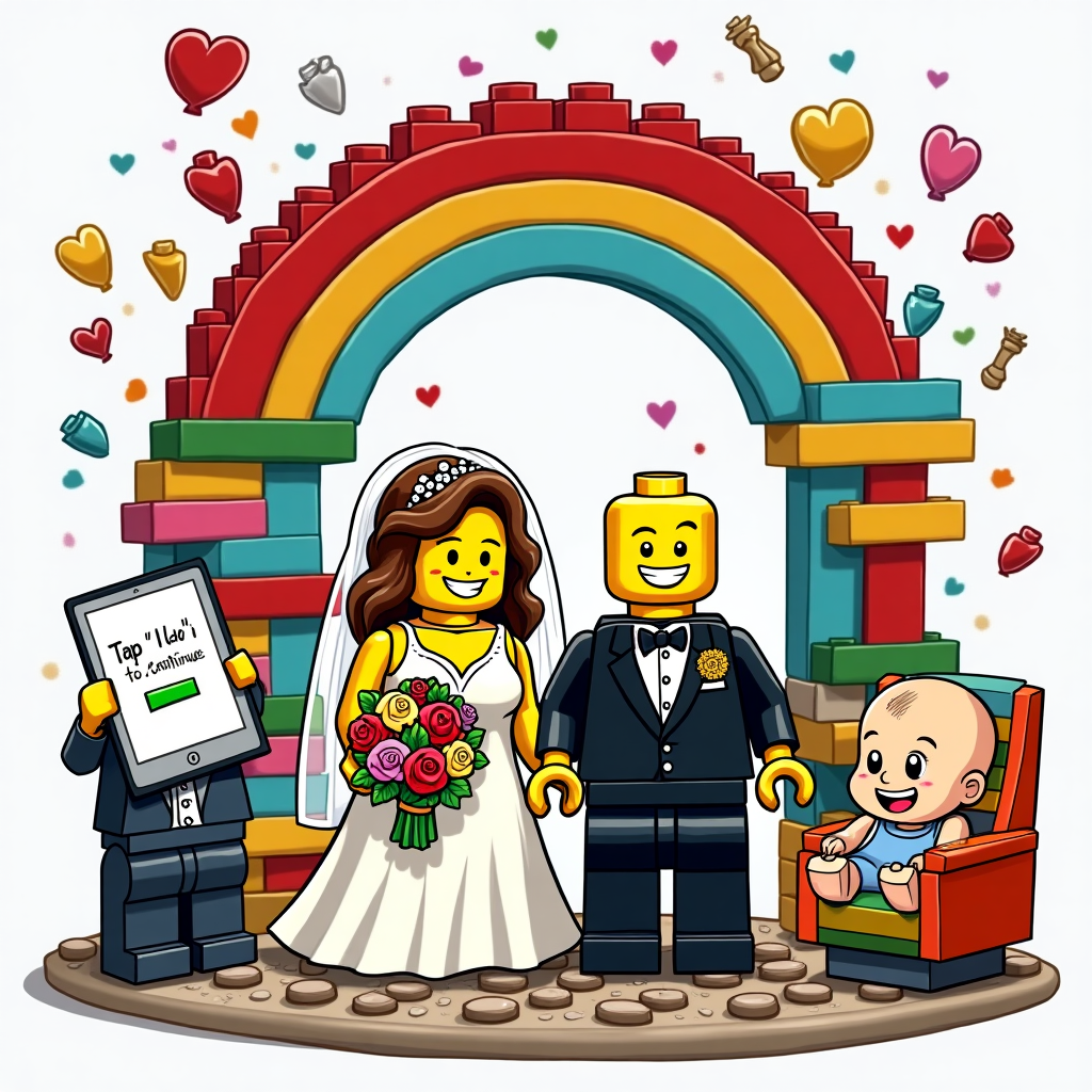 At the top of the Cartoon Style image, Mr & Mrs Gilbert

Playful, funny LEGO wedding scene in bright, saturated colors with thick outlines and exaggerated, energetic poses. Center stage: a LEGO minifigure bride with brown hair, beaming, in a white brick-built dress holding a bouquet of colorful LEGO flowers; hand-in-hand with a LEGO minifigure groom with a shaved head, sharp black tux torso print, cheeky grin. They stand beneath a rainbow brick wedding arch on a studded baseplate aisle, with heart-shaped red bricks and confetti-like 1x1 tiles popping around them.

Left side: a cartoon boy child with a shaved head in a tiny suit, holding up an iPad like the ceremony officiant; on the screen, in playful bold type: “Tap ‘I do’ to continue” with a green button and little heart emojis floating out. Right side: a cartoon boy baby giggling in a colorful bouncy chair, feet kicking; a springy bounce arc, a rattle made from 2x2 bricks, and a couple of loose bricks flying like confetti for comedic chaos.

Styling notes: Cartoon Style with thick black outlines, chunky shapes, bouncy motion lines, and big expressive faces; bright primaries and candy pastels; soft cel-shading and glossy highlights on the plastic bricks. Background subtly built from LEGO-like blocks with balloons shaped like studs. Render the title text in big, friendly, blocky, brick-built letters spanning the top, leaving lots of image area for the characters below. High energy, heartwarming, and hilarious.
Generated with these themes: Lego bride with brown hair, Lego groom with shaved head, Boy child with shaved head and ipad, Boy baby in a bouncy chair, Lego, and .
Made with ❤️ by AI.