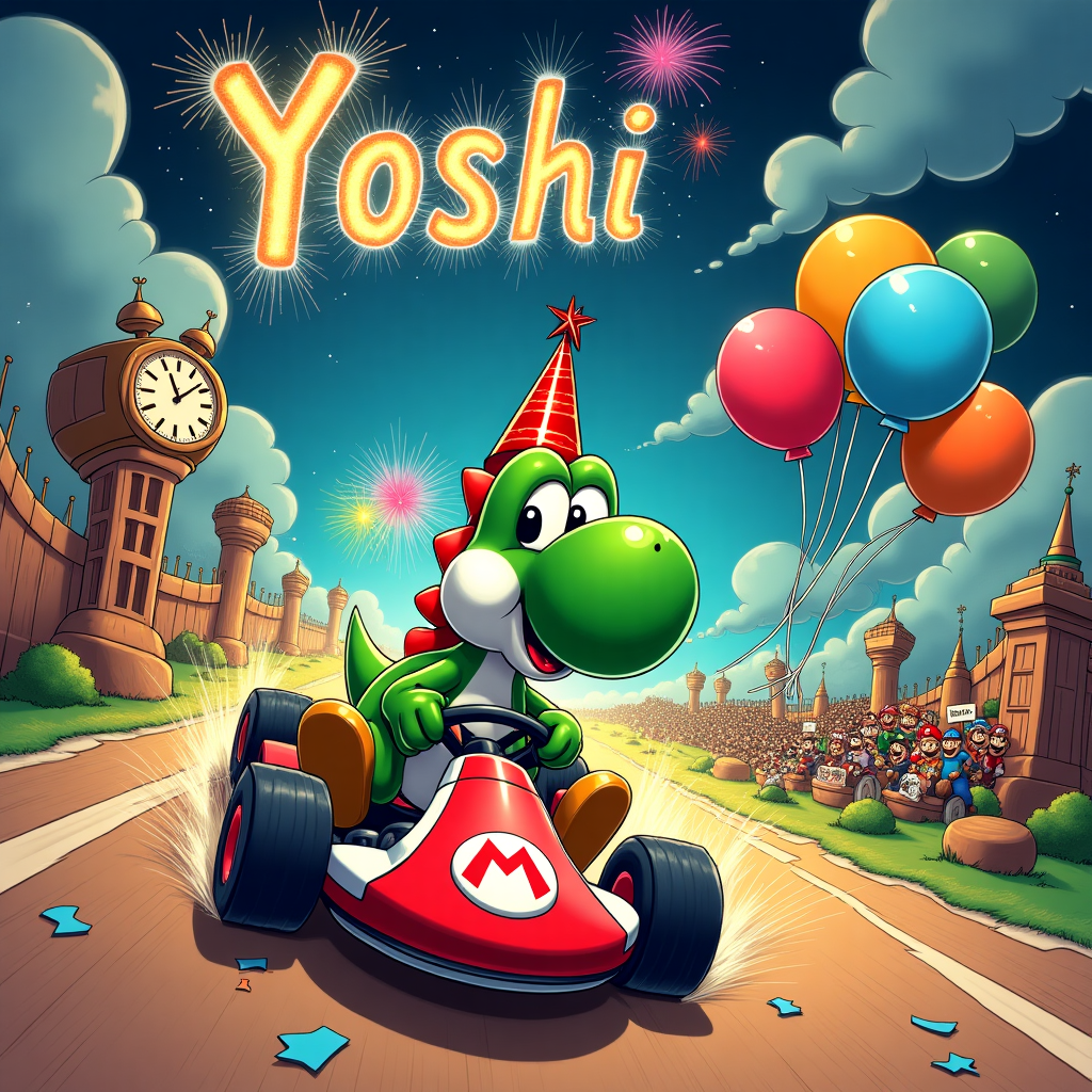The scene opens on a vibrant, bustling racetrack that winds its way through a whimsical, fantastical landscape reminiscent of a Charles Schulz's Peanuts meets the delightful chaos of Calvin and Hobbes. In the foreground, Yoshi, the lovable dinosaur from Mario Kart, is zooming along in his iconic kart. His eyes are wide with glee, a bright red party hat perched atop his head, its elastic band just visible under his chin. The kart itself is decked out with festive New Year's streamers and balloons, which flap wildly in the wind created by his speed. Each balloon features a unique design inspired by classic manga art from Osamu Tezuka, with bright colors and bold lines.

In the background, a cartoonish landscape unfolds, inspired by the dynamic and playful worlds of Walt Disney and the intricate detail of Hergé's Tintin. To the left, there’s a giant digital clock tower, much like something out of a futuristic R. Crumb or Gary Larson cartoon. The clock face humorously shows "11:59 and 59 seconds" as fireworks are poised in mid-air, ready to explode as the clock strikes midnight. These fireworks are depicted in the surreal, dream-like style of Winsor McCay's Little Nemo, their colors vivid against the night sky.

Above the scene, written in dazzling fireworks that spell out "Yoshi," the name lights up the sky, creating a colorful cascade of sparkles that twinkle down like stardust, in a nod to Art Spiegelman’s use of dramatic, graphic elements. This vibrant and playful homage to New Year's Eve gives the impression that Yoshi is racing toward a bright and exhilarating new year.

In the far distance, you can spot a small crowd of Mario characters - a nod to the community spirit of Will Eisner’s stories - waving and cheering from the sidelines, holding signs that read “Happy New Year” in a comic style font reminiscent of Gary Larson's humor. The scene is packed with details that invite the viewer to explore every corner, from the confetti scattered along the track to the comical, exaggerated expressions of the spectators.
Generated with these themes: Yoshi from Mario Kart.
Made with ❤️ by AI.