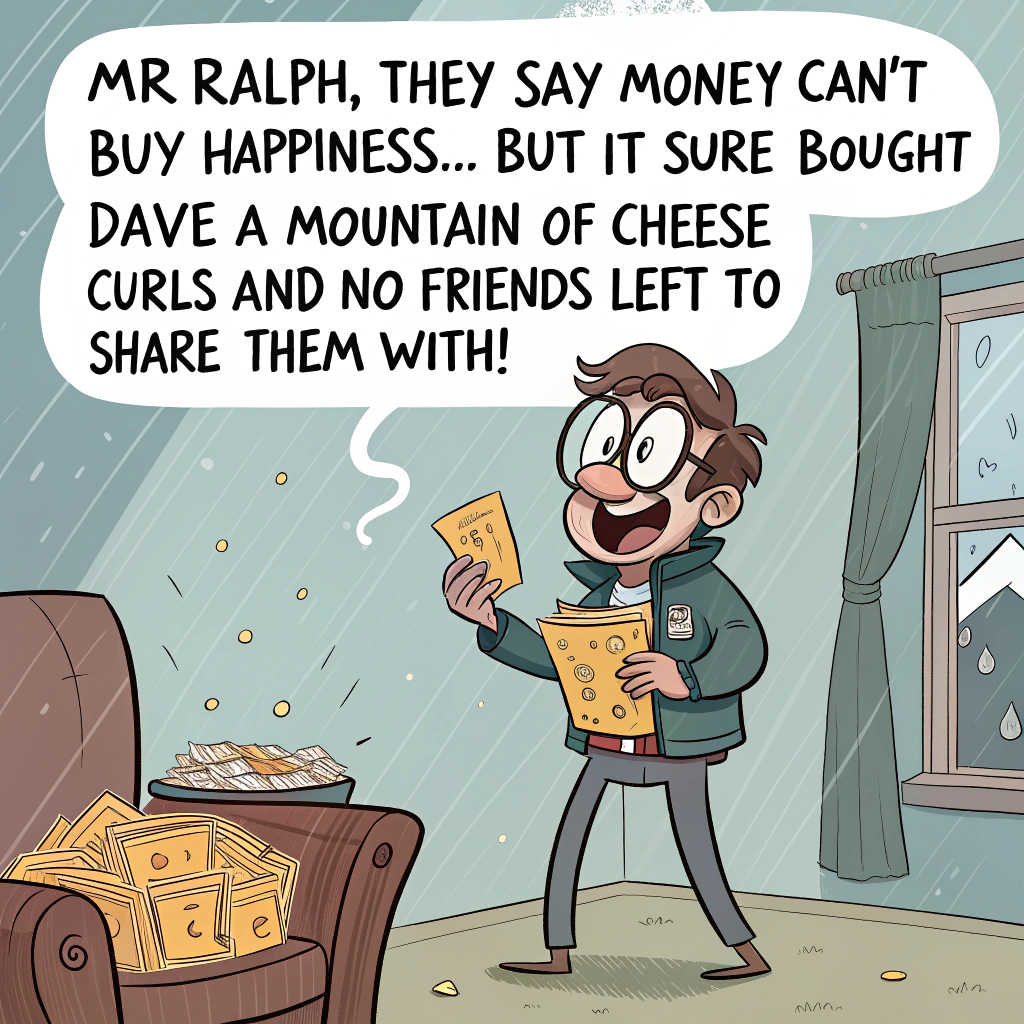 Lottery tickets, A man holding a winning lottery ticket, and Cheese curls Sympathy Card