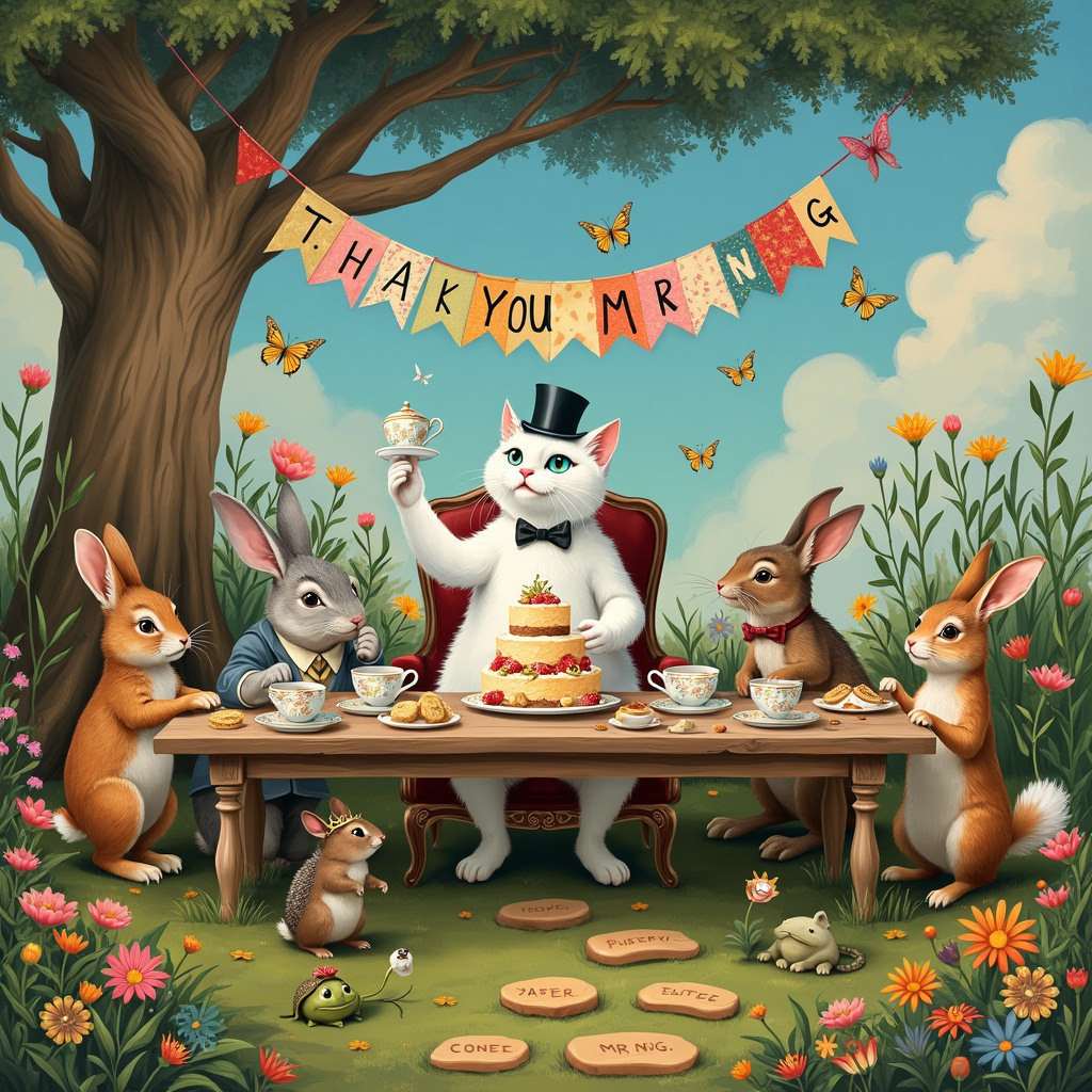 Picture this: A whimsical garden tea party, reminiscent of a Beatrix Potter story, but with a dash of Norman Rockwell's charm and Quentin Blake's playful quirkiness. At the center of the scene is a long wooden table set under a giant, ancient oak tree. The table is laden with an array of delightful pastries, a towering cake, teapots, and mismatched teacups, all in vibrant pastel colors.

At the head of the table, in a grand, ornately carved chair, sits a regal white cat with striking blue and green eyes, wearing a tiny, elegant top hat. The cat, with an air of dignified whimsy, is raising a teacup in a toast. Around the table are various woodland creatures – a rabbit in a waistcoat, a hedgehog with a bow tie, a squirrel wearing a monocle – all engaged in cheerful conversation, each holding a tiny teacup or nibbling on a scone.

Above them, suspended in the air, is a colorful banner made from patchwork fabrics that reads, "Thank You, Mr. Ng!" The letters are formed from various garden elements – twigs, flowers, leaves – giving it a rustic, handmade feel. 

The background is lush with greenery; flowers in full bloom of various hues of pink, yellow, and blue, while butterflies flit about. The sky is a crisp, clear blue, with fluffy white clouds that subtly spell out "Mr Ng" as if painted by a whimsical breeze.

On the ground, near the table, a little path winds through the garden, with stepping stones that have small, engraved messages like "Gratitude" and "Thanks" leading up to the tea party scene. To the left, there is a small pond with lily pads and a couple of frogs in tiny crowns, peeking out to join in the festivity. 

This delightful, detailed scene captures the joy and whimsy of giving thanks, bringing together a fantastical tea party that Mr. Ng is sure to remember.
Generated with these themes: White cate with blue and green eyes.
Made with ❤️ by AI.
