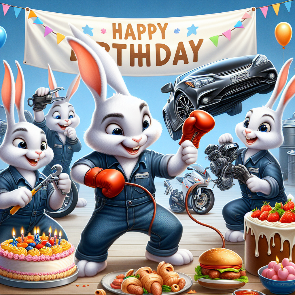 A humorous cartoon birthday scene showing a group of playful rabbits in mechanic overalls. These rabbits are busily tuning up a sleek, modern car and a shiny motorbike. Laid out in the background, a lavish spread of birthday food is present, topped off with a 'Happy Birthday' banner fluttering above. A notable rabbit, wearing tiny gloves on its paws, playfully practices kickboxing moves, offering a lively burst of action to the joyous occasion.
Generated with these themes: Rabbits, BMW car, Motorbike, Food, Happy Birthday, Kick boxing, and Motor mechanic .
Made with ❤️ by AI.