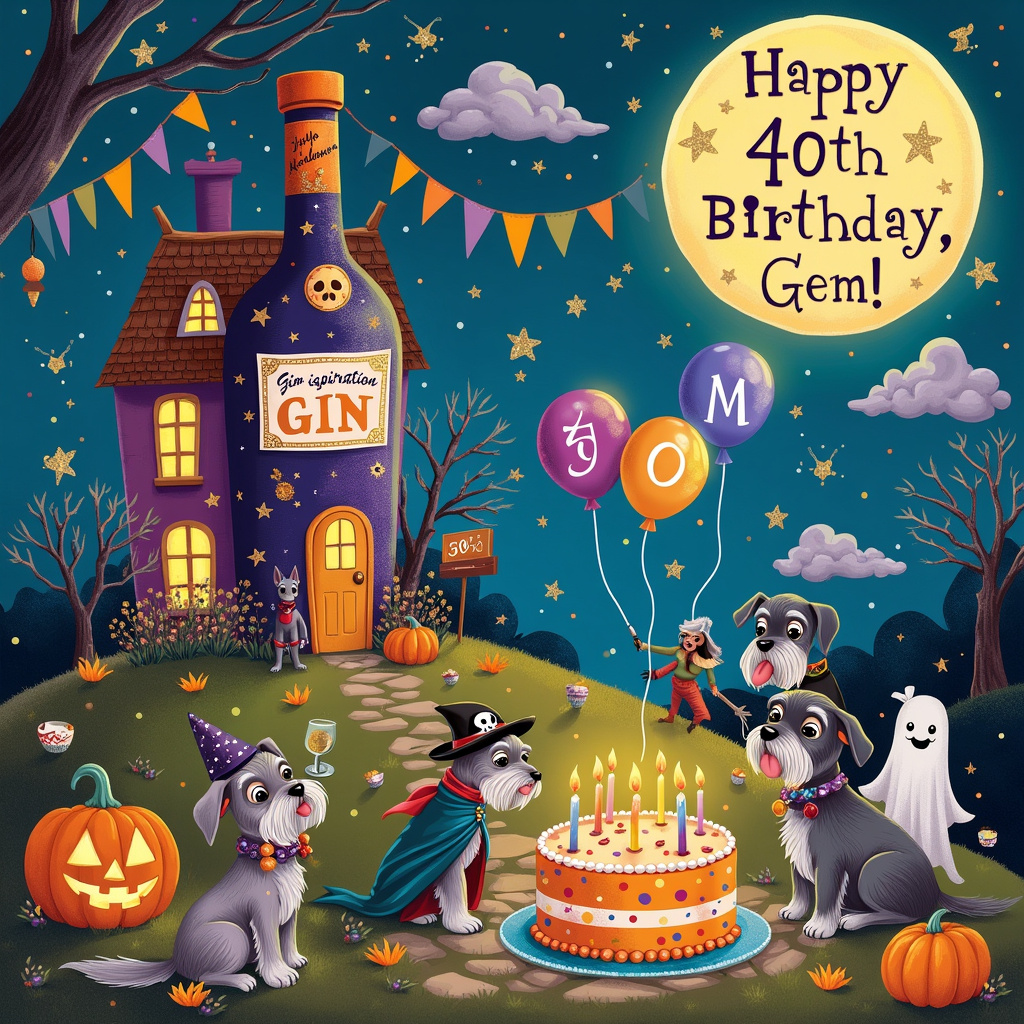 In this delightful and whimsical birthday greeting card, picture a vibrant cartoon scene set on a spooky yet cheerful Halloween night. The focal point is a festively decorated gin bottle-shaped haunted house with glowing windows, perched atop a hill with a crooked path leading up to it. The house is adorned with bunting that reads "Happy 40th Birthday, Gem!" in bold, glittery letters, reminiscent of Emma Bridgewater's signature polka dots and fonts. 

To the left of the haunted house, a merry group of anthropomorphic schnauzers dressed in various Halloween costumes—witches, vampires, and mummies—are holding a lively gin-tasting party, complete with tiny gin glasses in their paws and a large "Gin-spiration Station" sign hanging above. Each schnauzer’s costume is detailed with care, showcasing their unique personalities. One schnauzer, dressed as a wizard, is conjuring sparkly birthday balloons that float into the night sky, spelling out "Gem" in shimmering letters.

In the foreground, there's a quirky, grinning jack-o’-lantern sitting beside an intricately designed cake shaped like a gin bottle, with candles that spell out "40". The cake is decorated in Emma Bridgewater’s signature style with colorful polka dots and stars. Near the cake, a comical scene unfolds as a schnauzer dressed as a ghost tries to sneak a piece while another, dressed as a pirate, pretends to guard it with a tiny, playful sword.

Above the scene, the night sky is illuminated with a large, glowing full moon. Ghostly clouds float by, and the stars twinkle with an almost mischievous sparkle. The moon itself has a friendly, winking face, adding to the playful atmosphere. Hidden within the stars is a constellation that spells out "Gem," subtly emphasizing the personal touch for the recipient.

The entire scene is filled with rich, detailed elements and vibrant colors, creating a captivating and humorous birthday greeting card that perfectly blends the themes of 40, Halloween, gin, schnauzers, and the charm of Emma Bridgewater.
Generated with these themes: 40, Halloween, Gin, Schnauzer , and Emma Bridgewater.
Made with ❤️ by AI.
