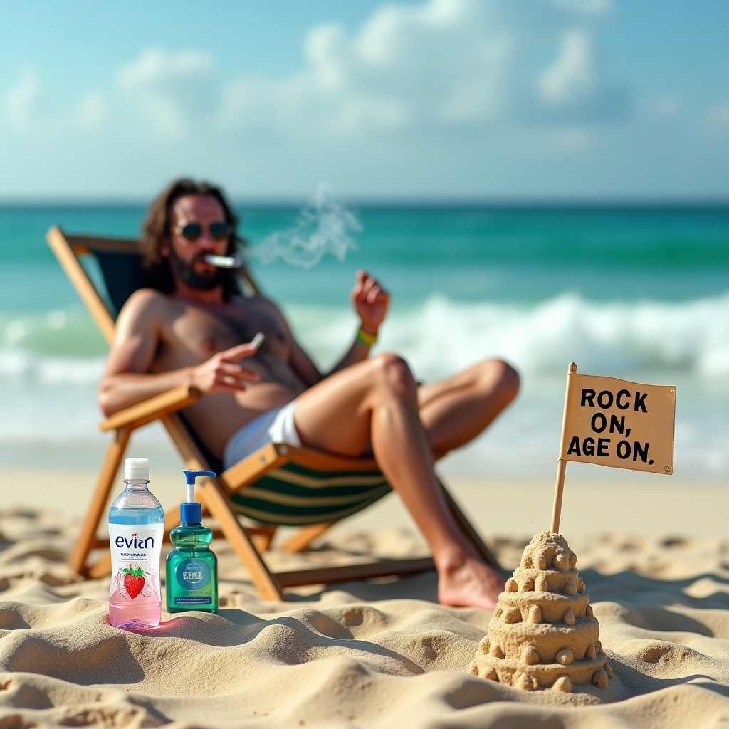 Dave grohl smoking at the beach, Evian water, hand gel, and Birthday Card