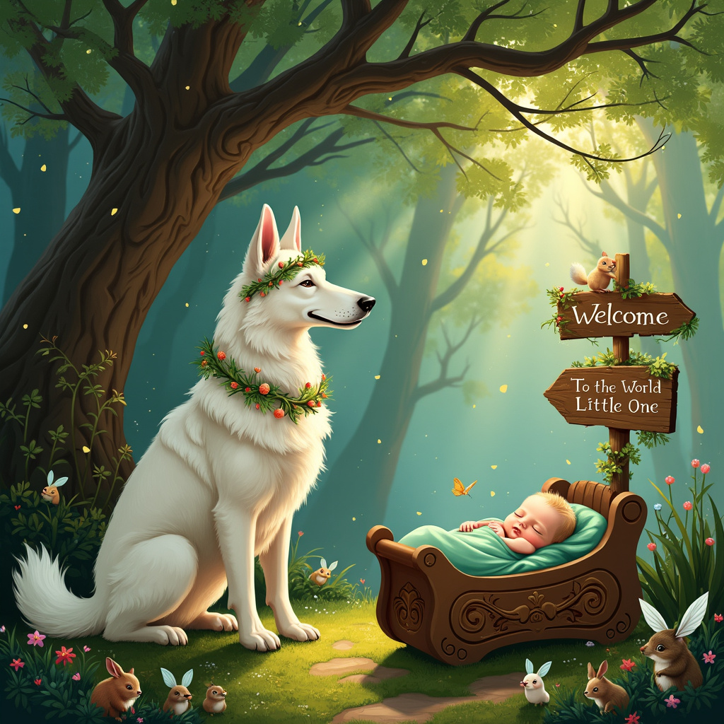In a whimsical, enchanted forest bursting with life and color, a majestic white German Shepherd stands proudly, adorned with a crown of delicate willow branches intertwined with tiny, sparkling juniper berries. The dog's fur gleams under the dappled sunlight filtering through the dense canopy of ancient trees. A thick, gnarled willow tree, its branches cascading like a natural curtain, serves as the backdrop. The scene is set at the edge of a tranquil forest clearing, where the ground is carpeted with a lush tapestry of moss and vibrant wildflowers. 

At the base of the willow tree, a rustic wooden cradle, intricately carved with leaf and vine patterns, holds a peacefully sleeping newborn swaddled in a soft, juniper-green blanket. The cradle is surrounded by a protective circle of small, glowing forest creatures—rabbits, hedgehogs, and owls—each with a twig of juniper or a sprig of willow in their tiny paws as if participating in a welcoming ceremony for the new baby.

Overhead, an arching canopy of trees, with their leaves shimmering in hues of emerald and gold, creates a natural frame around the scene. Wisps of mist drift through the air, adding a touch of magic. A few curious forest fairies, with wings like butterfly wings, peek out from behind the leaves, casting a soft, ethereal light that dances over the scene. The entire forest seems to lean in, cradling this moment of new life with its timeless, nurturing presence.

In the corner of the image, a wooden signpost emerges from a bed of juniper bushes, with hand-painted words that read, "Welcome to the World, Little One." Each letter is entwined with willow tendrils, and a playful squirrel perches atop the sign, adding a whimsical touch. The detailed illustration captures the magic of the forest and the joy of new beginnings, celebrating the arrival of the baby with nature’s blessings.
Generated with these themes: White German shepherd, Willow, Forest, and Juniper .
Made with ❤️ by AI.