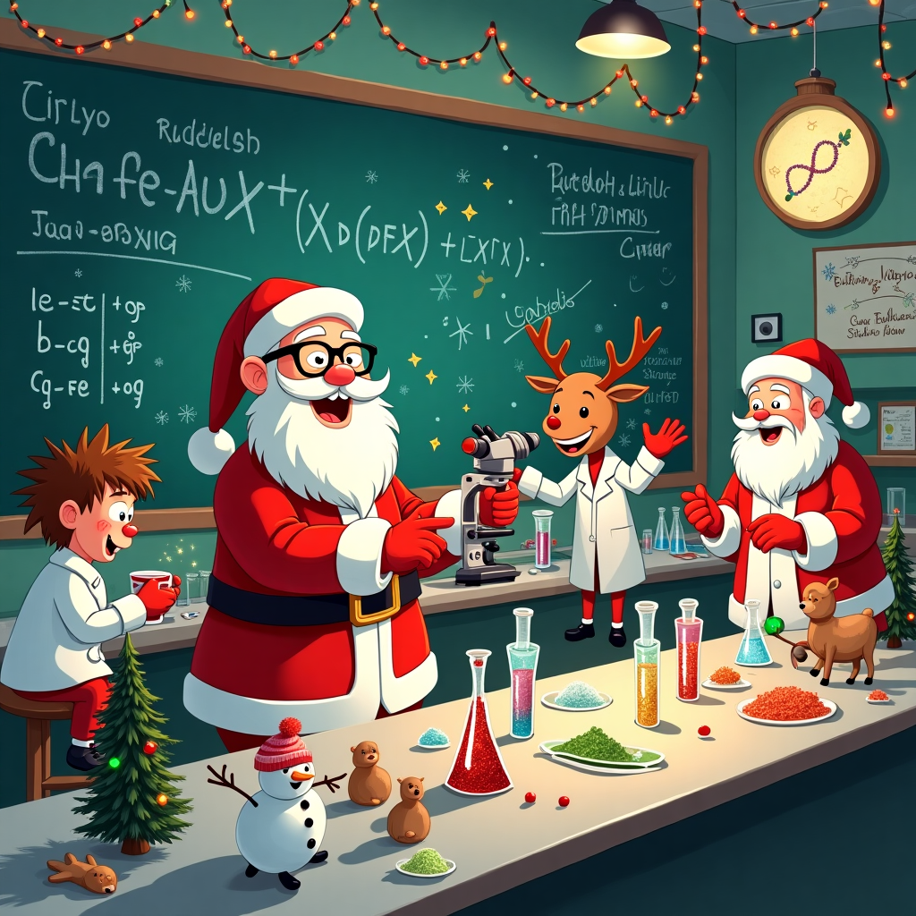 In the middle of a bustling Christmas medical lab, a lively cartoon scene unfolds. A jovial Santa Claus, decked out in a classic red and white lab coat, stands center stage at a long laboratory bench covered in a flurry of Christmas-themed science experiments. His round spectacles rest on his nose, and a merry twinkle sparkles in his eye as he examines a bubbling beaker filled with red and green liquid that seems to fizz into snowflakes.

To Santa’s left, an elf with wild, unruly hair is perched on a stool, intently peering through a microscope. The microscope itself has a candy cane-striped stand, and the slides beneath the lens depict tiny, festive gingerbread men. The elf's oversized lab goggles are festooned with tinsel, and a small reindeer peeks out of the pocket of his tiny lab coat, munching on a carrot like it's a mini Bunsen burner.

On the right side, Mrs. Claus is busy in another corner, wearing reindeer antlers and a white coat with a snowflake pattern. She's organizing a pile of test tubes filled with colorful, glittery concoctions that resemble Christmas lights. One test tube is glowing with a luminous blue light, while another emits gentle musical notes reminiscent of classic carols, the sound waves depicted as wavy lines swirling above.

Behind them, the backdrop is a wall-sized chalkboard covered in humorous equations written in festive chalk—such as "Candy Cane + Hot Cocoa = Christmas Cheer"—with doodles of snowmen in lab coats. A cheerful robotic snowman assistant rolls by, offering Santa a steaming mug of hot cocoa, which he gratefully accepts with a mittened hand. Tiny, decorated Christmas trees with blinking fairy lights are scattered throughout the lab, and the ceiling is festooned with strings of garlands and dangling test tubes filled with glittering ornaments.

In one corner, a magnified poster of "Rudolph's DNA Sequencing" serves as a hilarious yet educational decoration, where colorful DNA strands form the shape of antlers. Above, mistletoe hangs strategically, eliciting a cheeky grin from the elf and a playful wink from Santa.

This vibrant and whimsical scene captures the essence of Christmas joy with a scientific twist, blending iconic Christmas imagery with a delightful, cartoonish laboratory setting.
Generated with these themes: medical lab christmas .
Made with ❤️ by AI.