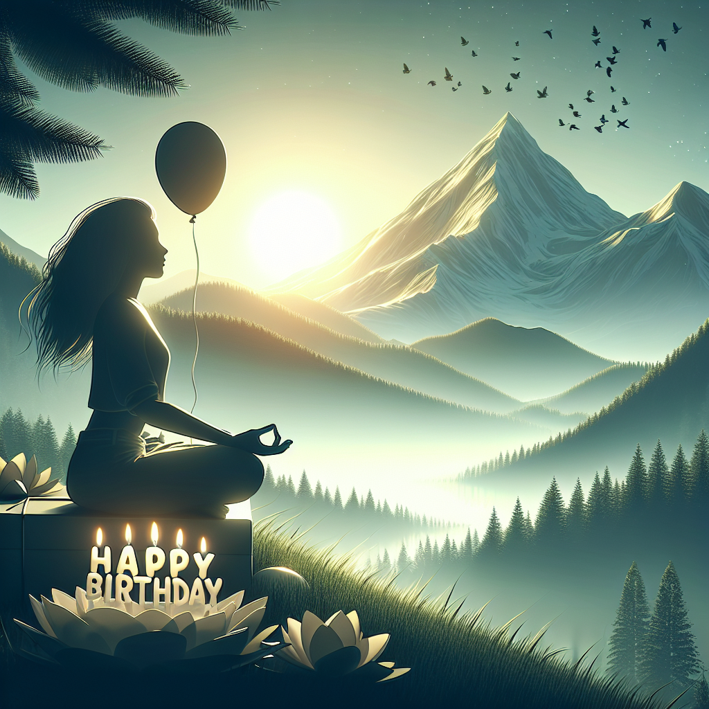 Meditation in Mountains with Glimpse on SunRising and Light wind curling her Hair Birthday Card