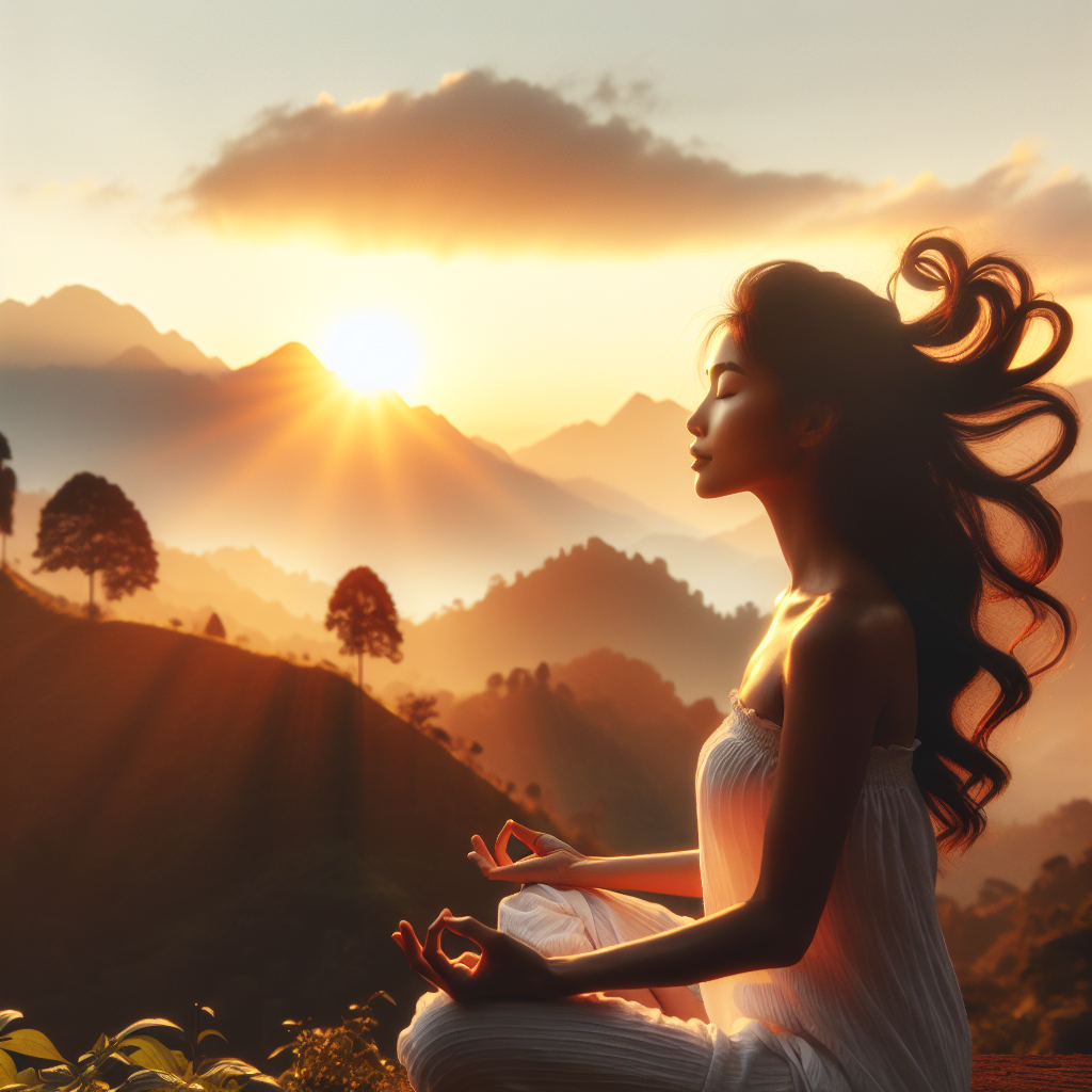 Create an image of a tranquil birthday scene set in the midst of serene mountain peaks. Please feature a South Asian female with her hair playfully being curled by a gentle breeze. As the dawn breaks, let the soft glow of the rising sun paint the skies, creating a mesmerizing backdrop. The woman is engaged in a meditation session. Capture the charm of warm sunrays hinting at the promise of a new beginning, which symbolizes the essence of a birthday celebration amidst the tranquility of nature.
Generated with these themes: Meditation in Mountains with Glimpse on SunRising and Light wind curling her Hair.
Made with ❤️ by AI.