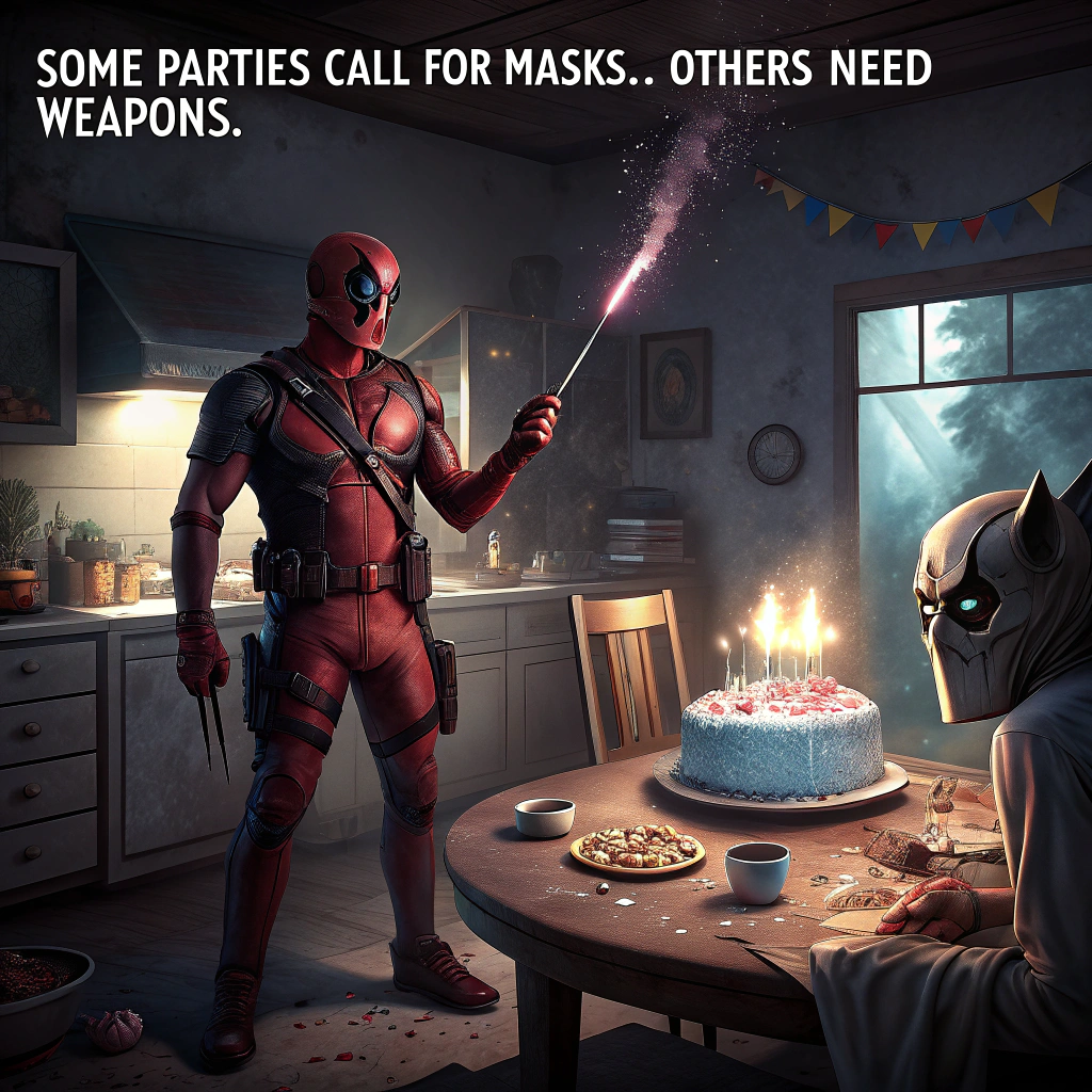 At the top of the image, "Some parties call for masks… others need weapons."

- In the center of the image, create a hyper-realistic, dimly lit birthday party scene inside a slightly wrecked kitchen. Deadpool stands stoically, holding a lit sparkler in one hand and a katana in the other, looking solemnly toward the table. His red-and-black suit is smeared with cake icing and smoke dust.  
- A hulking, dripping Xenomorph crouches ominously over a large, detailed birthday cake with thick blue icing. Strings of alien drool drip dangerously close to the frosting.  
- Behind the cake, a bold party banner hangs crookedly, smeared and half-scorched, reading in all caps: “STAY AWAY FROM THE CAKE, YOU BITCH!”  
- Subtle, sad birthday decorations lie in disarray—balloons deflated, streamers tangled, confetti trodden into the floor. A single candle flickers atop the cake, casting shadows across the kitchen wall that dance between festive and foreboding.  
- In the foreground, an unopened gift with a torn label reading “From: Wade” lies next to an oddly dented punch bowl.

At the bottom of the image, add: “Another year older, still dodging drama… and drool.”
Generated with these themes: Deadpool, Large, scary Xenomorph drooling over cake, Birthday cake with blue icing, and Banner saying, "Stay away from the cake you BITCH!".
Made with ❤️ by AI.