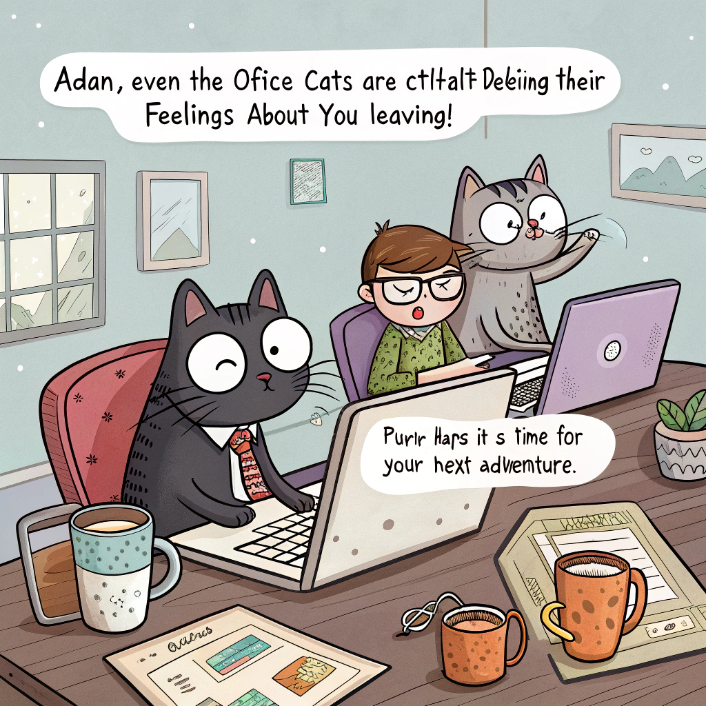 At the top of the image, "Aidan, even the office cats are Ctrl+Alt+Deleting their feelings about you leaving!"

- The image shows a chaotic cartoon office scene where several quirky cats are dramatically sprawled over laptops, pawing at keyboards, knocking over coffee mugs, and typing gibberish emails.

- One particularly sassy tabby is sitting in a swivel chair wearing tiny glasses and holding a farewell card that reads, “Purr-haps it’s time for your next adventure.”

- In the background, a monitor displays an error message that reads “Missing: One Awesome Aidan 😿”

- The entire mood is zany and humorous, capturing both the mayhem cats cause and the digital farewell theme.
Generated with these themes: Cats, Laptops, Computers, and .
Made with ❤️ by AI.