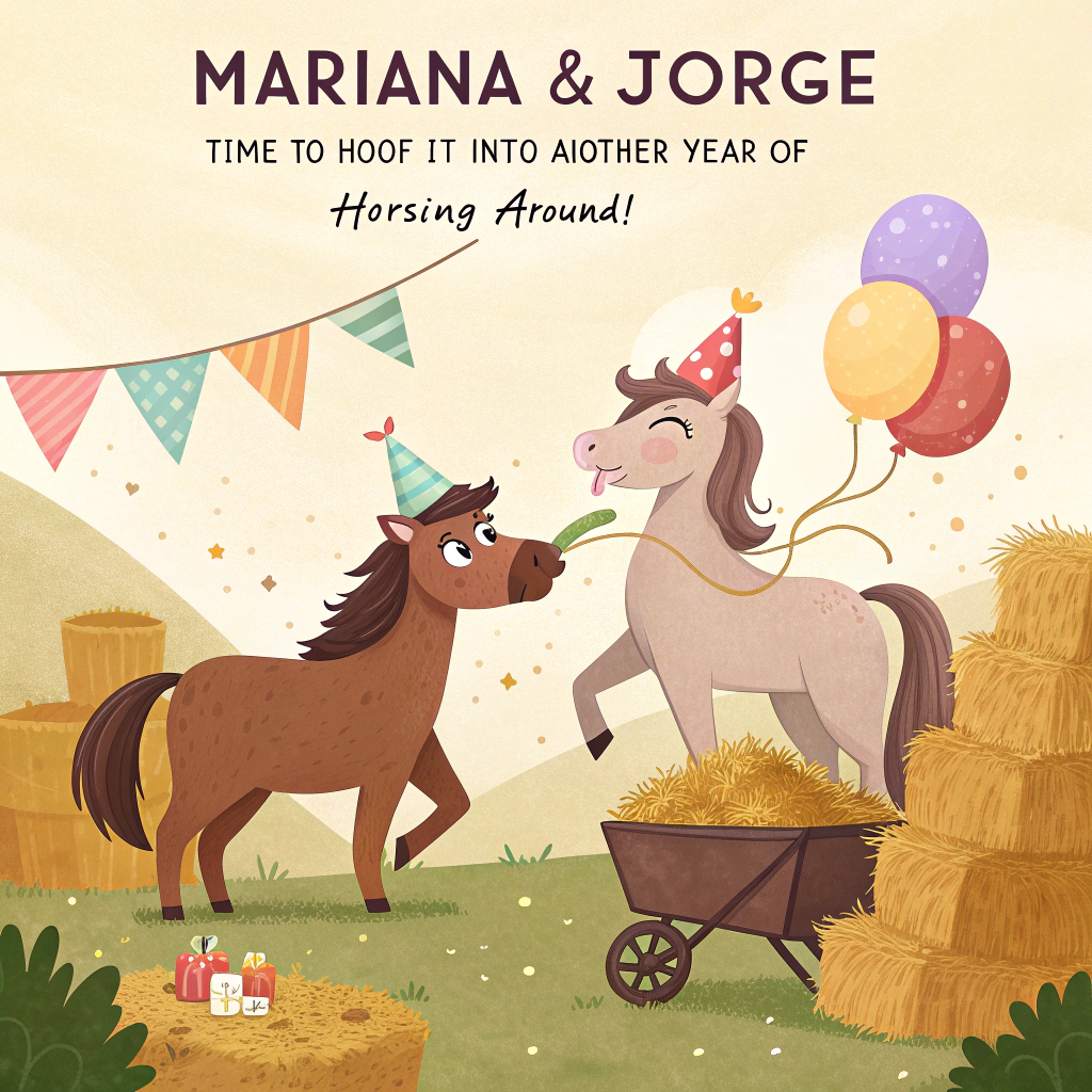 At the top of the image, "Mariana & Jorge – Time to Hoof It Into Another Year of Horsing Around!"

- In the center of the image, illustrate two hilariously mischievous cartoon farm horses—one with a party hat slipping over its eyes and the other attempting (and failing) to blow up a balloon with its lips. 
- They're standing in a rustic farmyard decorated with wonky birthday banners, bales of hay wrapped in ribbon, and a wheelbarrow filled with birthday cake.
- One horse holds a handmade card in its mouth that says, "Neigh-brations!" while a confused chicken in a party horn perches on its back.
- Add at the bottom of the image, “Mane-ly here to say… Have a whinnying birthday!”
Generated with these themes: Farm horses.
Made with ❤️ by AI.