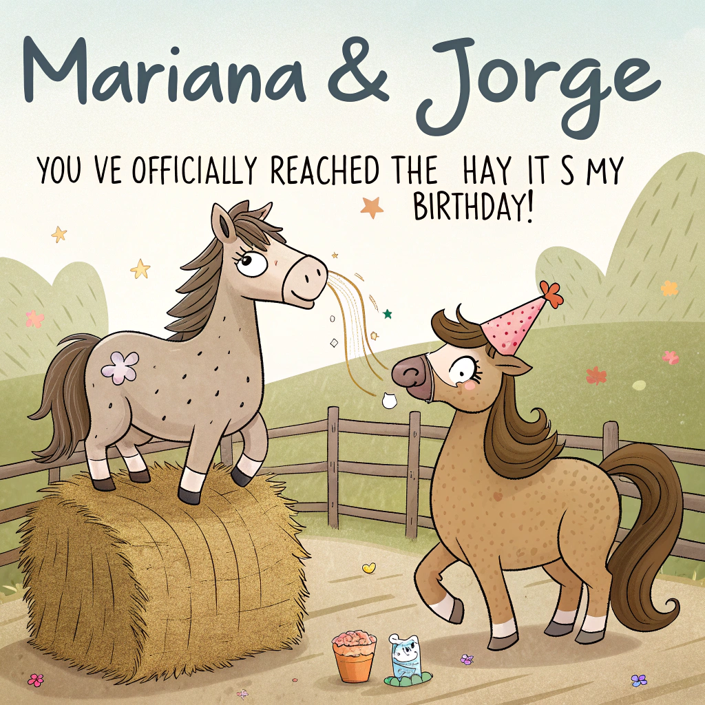 At the top of the image, "Mariana & Jorge—You’ve officially reached the ‘Hay, it’s my birthday!’ stage!"

- Illustrate a playful farm scene with two cartoon-style horses in a paddock. One horse is wearing a party hat, blowing a kazoo, and trying to balance a birthday cake on its head. The other is hilariously tangled in a string of fairy lights wrapped around a hay bale. Both horses have big goofy grins, with exaggerated, expressive eyes.

- Surround them with festive barnyard chaos—chickens tossing confetti, a sheep holding a balloon in its mouth, and a pig DJ-ing next to a trough-turned-dance-floor.

- Add humorous details like a wooden signpost in the background that says “Mariana & Jorge’s Hay-Day Bash →” and maybe a rooster passed out in a wheelbarrow from too much "oatmeal cider."

- The colors should be bold, fun, and warm—perfectly reflecting the light-hearted birthday barn bash atmosphere.
Generated with these themes: Farm horses.
Made with ❤️ by AI.