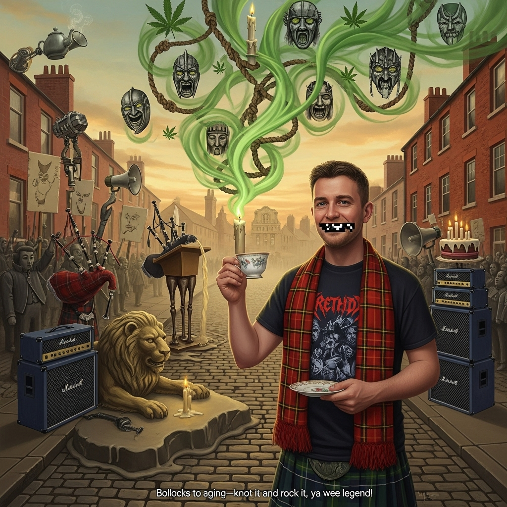 Prompt:
Dreamlike Dali-inspired surrealism, funny and whimsical. A light-brown, short‑haired Scottish man grins in a low-angle, tall composition on a melting cobblestone street where tartan patterns ooze into English red-brick terraces. He wears a tartan scarf over a black metal-band tee and cradles a dainty English teacup that droops like a soft watch. From a comically oversized birthday candle between his fingers drifts emerald smoke that curls into Celtic knots, morphing into nine ghostly heavy‑metal masks and looping rope slipknots. Around him, a surreal political rally: faceless mannequin crowds with blank placards that melt into microphones and thistles; a warped podium on spindly Dali-legs sprouts bagpipes; megaphones morph into teapots pouring glowing tea. A stone lion slumps like wax beside stacked guitar amps shaped like a birthday cake, stage-light candles flickering. His mouth bears a glossy pixelated censor bar (no letters), hinting he swears a lot. Subtle cannabis leaf silhouettes appear within the smoke curls. Ethereal golden-hour lighting, long soft shadows, volumetric mist, painterly oil texture with fine brushwork, high detail, warm tea-stain browns, tartan reds, electric greens, smoky violets. Composition: tall, poster-like, main figure slightly off-center with negative space at the bottom for a single small caption. No text in the scene except the following caption.

Caption (small, hand-painted at bottom center):
“Bollocks to aging—knot it and rock it, ya wee legend!”
Generated with these themes: Light brown short haired man, Scottish living in England,  smokes cannabis, swears a lot , Slipknot, political rallies, and .
Made with ❤️ by AI.