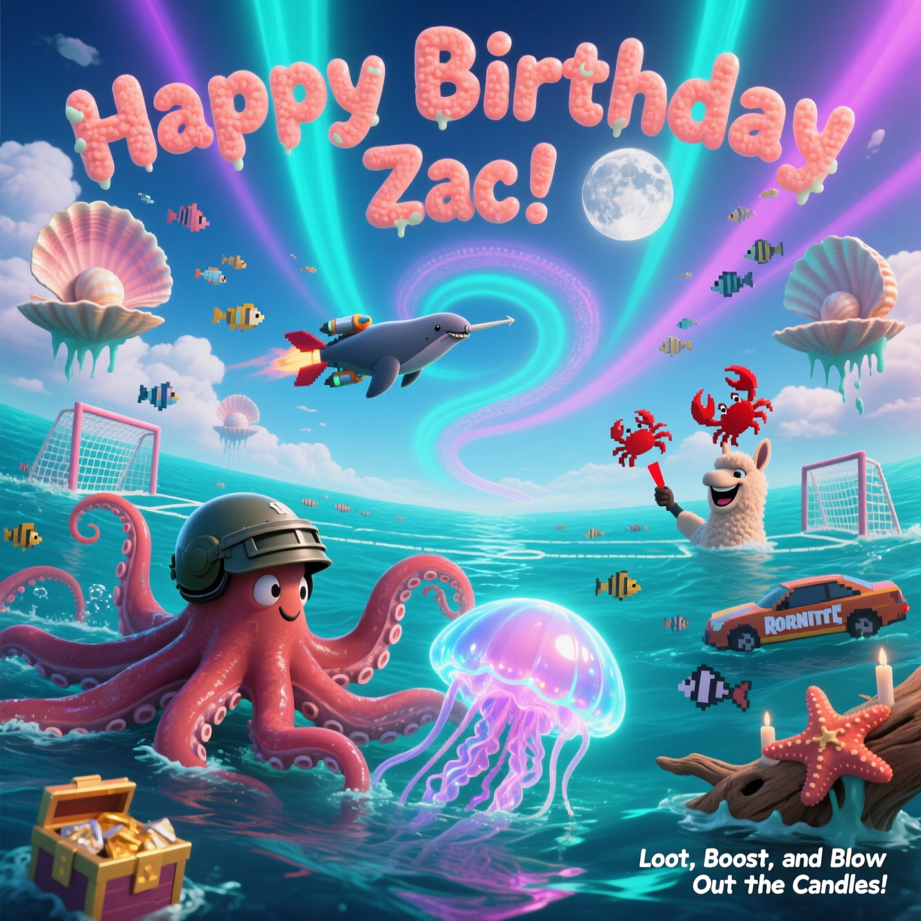 Sea creatures, Fortnite, Rocket League, and Birthday Card