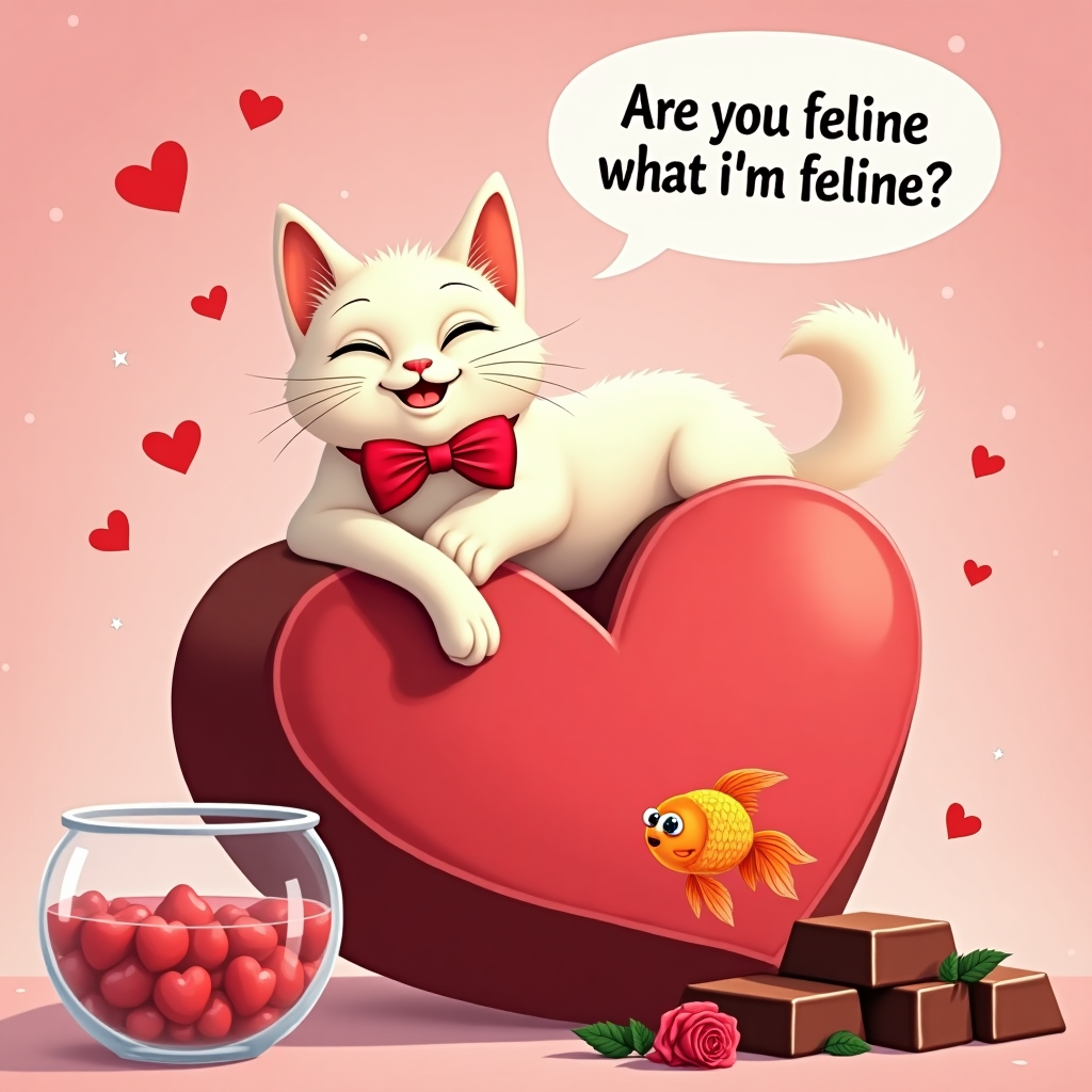 **Prompt:**  
A cartoon-style white Siamese cat wearing a red bow tie lounges dramatically on a giant box of heart-shaped chocolates, eyes half-closed with exaggerated sultriness. One paw extends towards a startled, blushing goldfish in a bowl nearby, as a speech bubble reads: “Are you feline what I'm feline?” Hearts float in the air, and a single rose lies discarded on the chocolate box. The background features pink sparkles and cheesy romance lighting.
Generated with these themes: white siamese cat.
Made with ❤️ by AI.