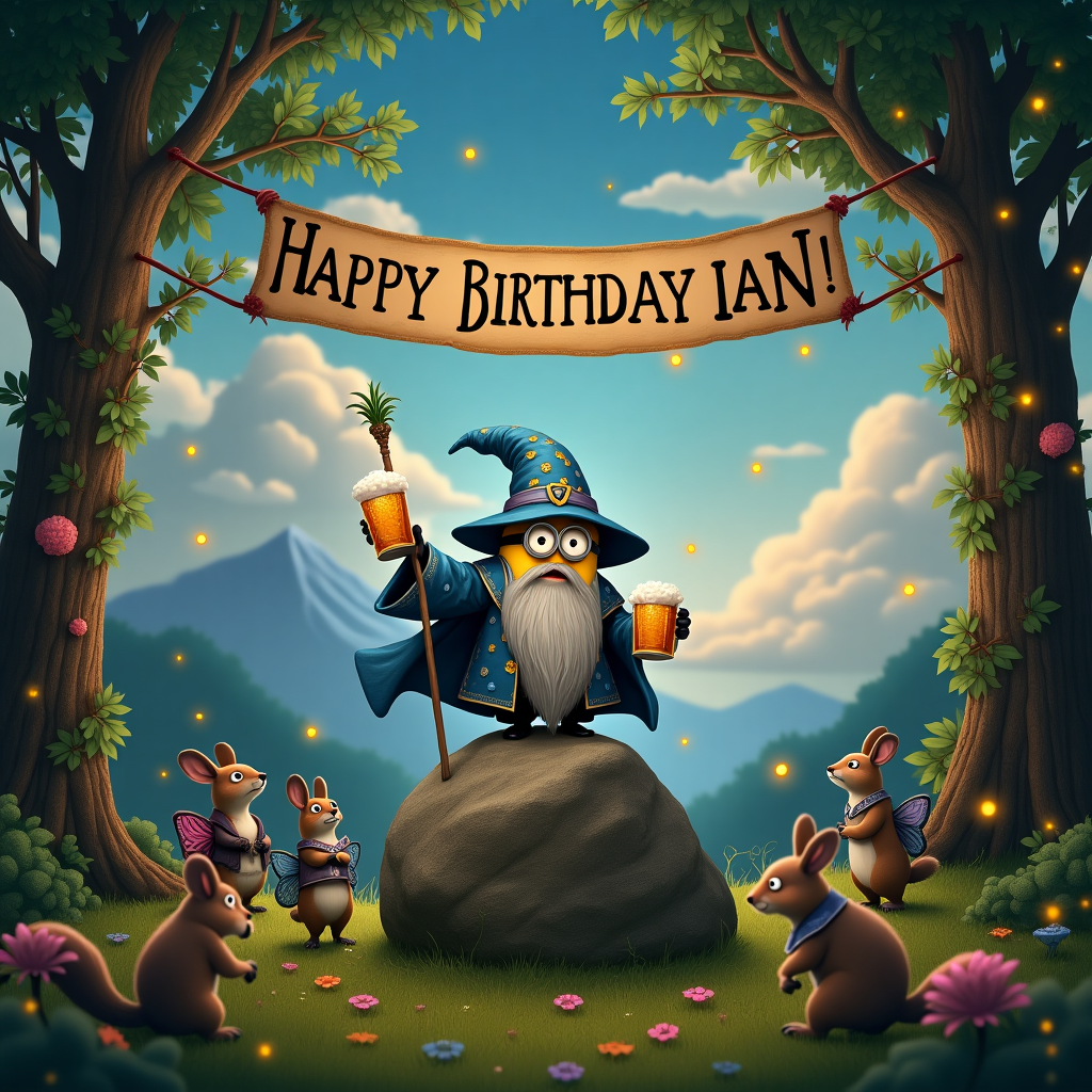 A minion as gandalf, holding a pint of beer, and Birthday Card