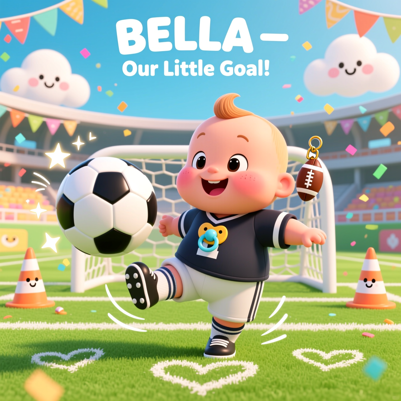 At the top of the Cartoon Style image, BELLA — Our Little Goal!

Playful, cute, football-themed cartoon scene in bright, saturated colors with thick, bold outlines and exaggerated proportions. Center focus: a chubby, wide-eyed baby with a tiny tuft of hair, rosy cheeks, and a big smile, wearing an oversized football jersey (no team logos), tiny socks, and dinky cleats. The baby is mid-kick, gently booping a giant black-and-white football toward a soft, rounded goal net behind them; bouncy motion lines and sparkly starbursts add energy. A pacifier shaped like a mini football dangles from a clip. The pitch is a vivid green with simplified white lines and heart-shaped chalk accents. Background: a cheerful, simplified stadium with pennant bunting, confetti, and smiling cartoon clouds; a friendly whistle and two chubby cone markers peek in as cute side characters. Lighting is sunny and warm; flat shading with glossy highlights for a polished, toy-like finish. Composition is full-bleed portrait with lots of negative space around the title, large central character, and whimsical, energetic poses. No additional text or logos.
Generated with these themes: Football , and .
Made with ❤️ by AI.