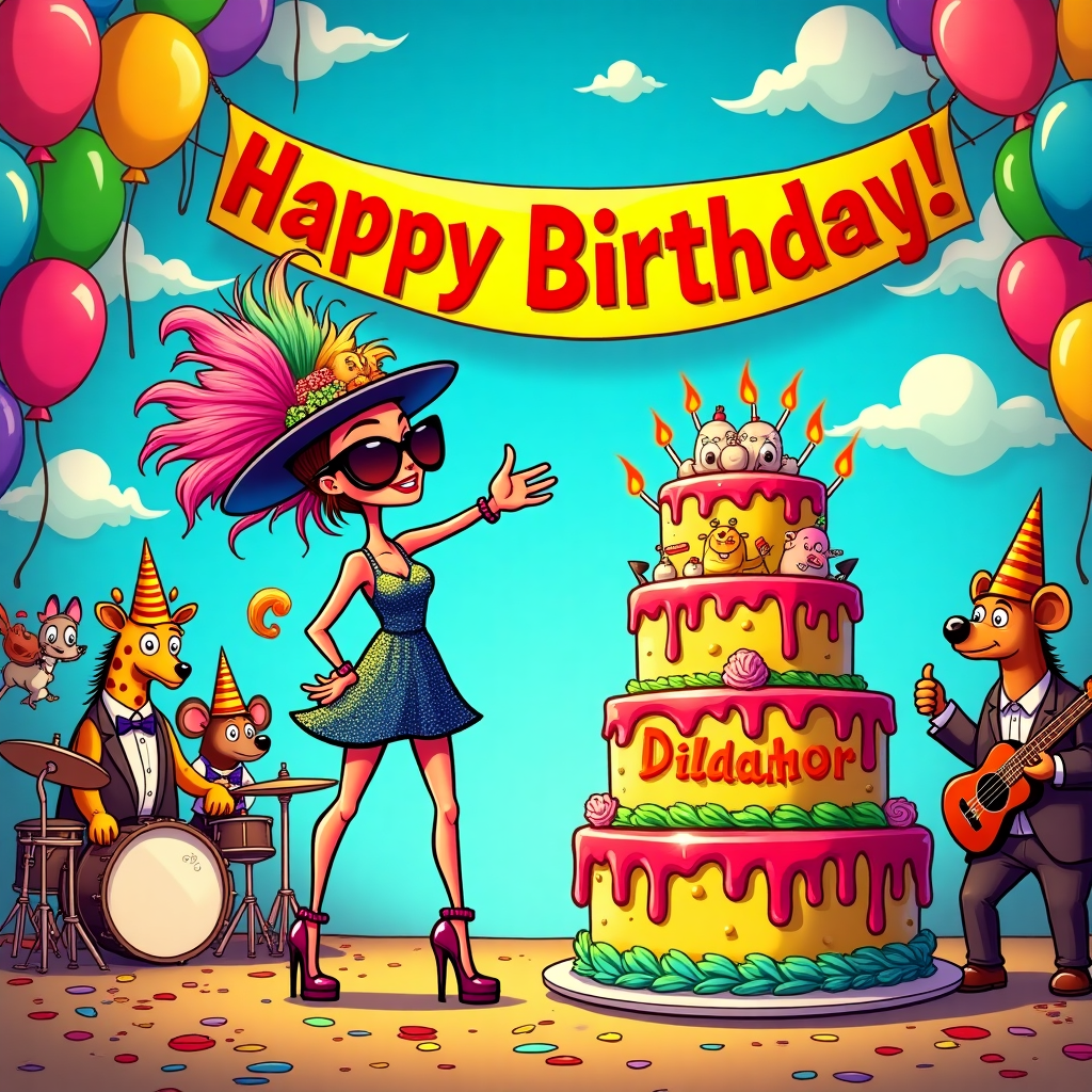 The scene is a vibrant birthday party bustling with quirky cartoon characters, each with an exaggerated and playful flair, set against a backdrop reminiscent of a lively comic strip.

**Foreground:**  
In the center, there's a flamboyant fashionista, a character with oversized sunglasses, a towering hat decorated with colorful feathers, and a glimmering sequined dress that sparkles in bright shades of electric blue and neon pink. Her shoes are hilariously oversized stilettos, with one foot confidently forward, striking a dynamic pose.

**To her right:**  
A cartoonish birthday cake stands tall, whimsically leaning with layers. The cake is extravagantly decorated in swirls of icing in vibrant red, yellow, and green. Atop the cake, the word "Dildar" is cheerfully piped in bright orange frosting, with small, funny cartoon birds perched around it, as if singing.

**Background:**  
The backdrop features a colorful carnival-like atmosphere, with exaggeratedly large balloons in every color of the rainbow floating above. A comically oversized banner arches overhead, featuring bold, bubbly letters that spell out "Happy Birthday" in a kaleidoscope of colors. Beyond the banner, a cartoonish sky stretches, dotted with fluffy, oversized clouds that almost resemble whipped cream.

**To the left:**  
A small band of animated animals plays jazzy tunes. There's a giraffe with a polka-dot necktie playing a trumpet, a bear in a striped vest on a tiny drum set, and a tiny mouse sporting a bowler hat strumming a ukulele, their features humorously exaggerated to accentuate their comedic charm.

**Additional Elements:**  
The ground is peppered with colorful confetti, and a few comical party hats with bouncy springs and bells adorn some of the characters' heads, adding to the sense of lively chaos. The entire scene is bordered by a simple, comic-style frame to give it that nostalgic, illustrated feel. 

This vibrant and humor-filled scene captures the eccentric spirit of a birthday party through the lens of a fashionista, blending style and whimsy in a truly cartoonish way.
Generated with these themes: funny fashionista.
Made with ❤️ by AI.