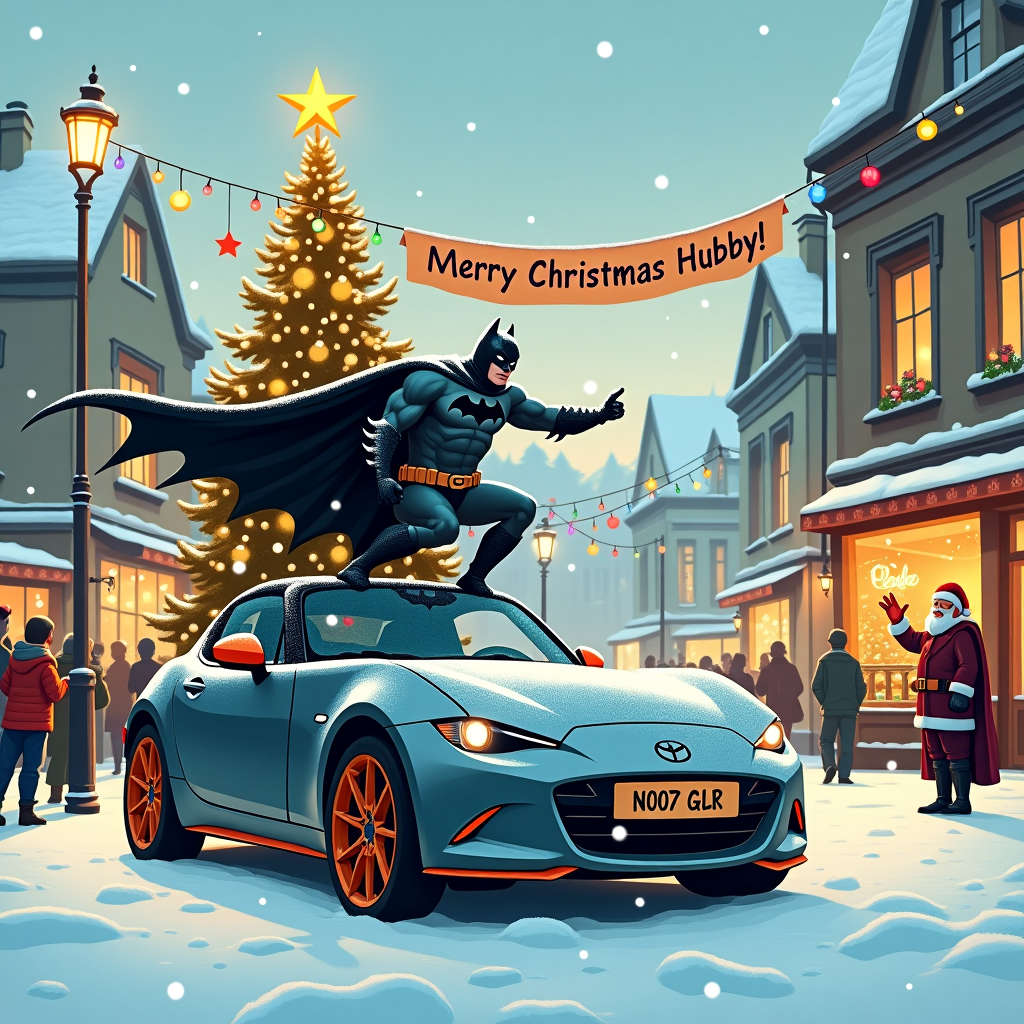 In the heart of a snow-blanketed town square, a whimsical Christmas scene unfolds. Dominating the foreground is a sleek Grey MX5 ND with eye-catching orange trim, its registration plate boldly displaying "N007 GLR." The car is parked jauntily beneath a towering Christmas tree, decked out in multicolored lights and baubles. Atop the car, a snow-dusted Batman, complete with his iconic cape fluttering in the wintry breeze, is perched heroically as if surveying his snowy Gotham. His cape is cleverly draped over the side mirror, resembling a makeshift bat signal against the glistening snow.

In the background, a festive banner stretches across two lampposts, emblazoned with "Merry Christmas Hubby!" in a playful comic-style font. Snowflakes swirl gently downwards, adding a layer of serene magic to the bustling scene. To the left, a small crowd gathers, bundled in vibrant scarves and hats, enjoying the spectacle. Among them, a jolly man dressed as Santa waves enthusiastically, his red suit contrasting against the white snow. On the right, a frosty window displays a cozy café scene, with silhouettes of people sipping hot cocoa.

The rooftops of the surrounding buildings are capped with thick snow, and in one of the shop windows, a small figurine of Batman is set up as part of the holiday display, adding a touch of whimsy to the storefront. The sky is a soft pastel gradient, transitioning from twilight blues to the golden hues of early evening, with a few stars twinkling overhead, completing this enchanting and humorous holiday tableau.
Generated with these themes: Grey MX5 ND with orange trim and registration N007 GLR, Hubby, Batman, Snow, and Christmas.
Made with ❤️ by AI.