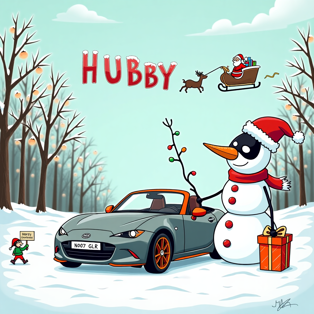 Grey MX5 ND with orange trim and registration N007 GLR, Hubby, Batman, Snow, and Christmas Christmas Card